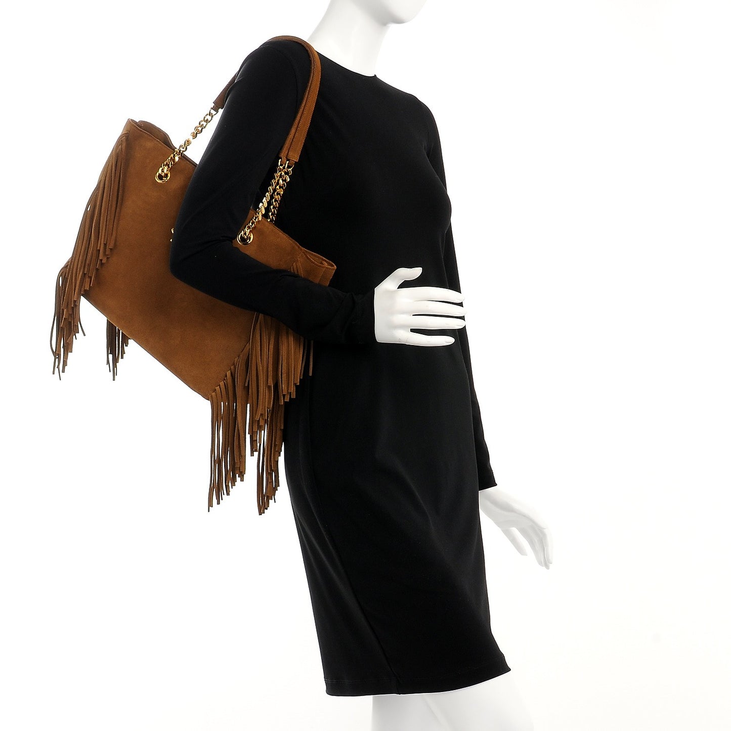 Suede Fringe Monogram Shopping Tote Light Ochre