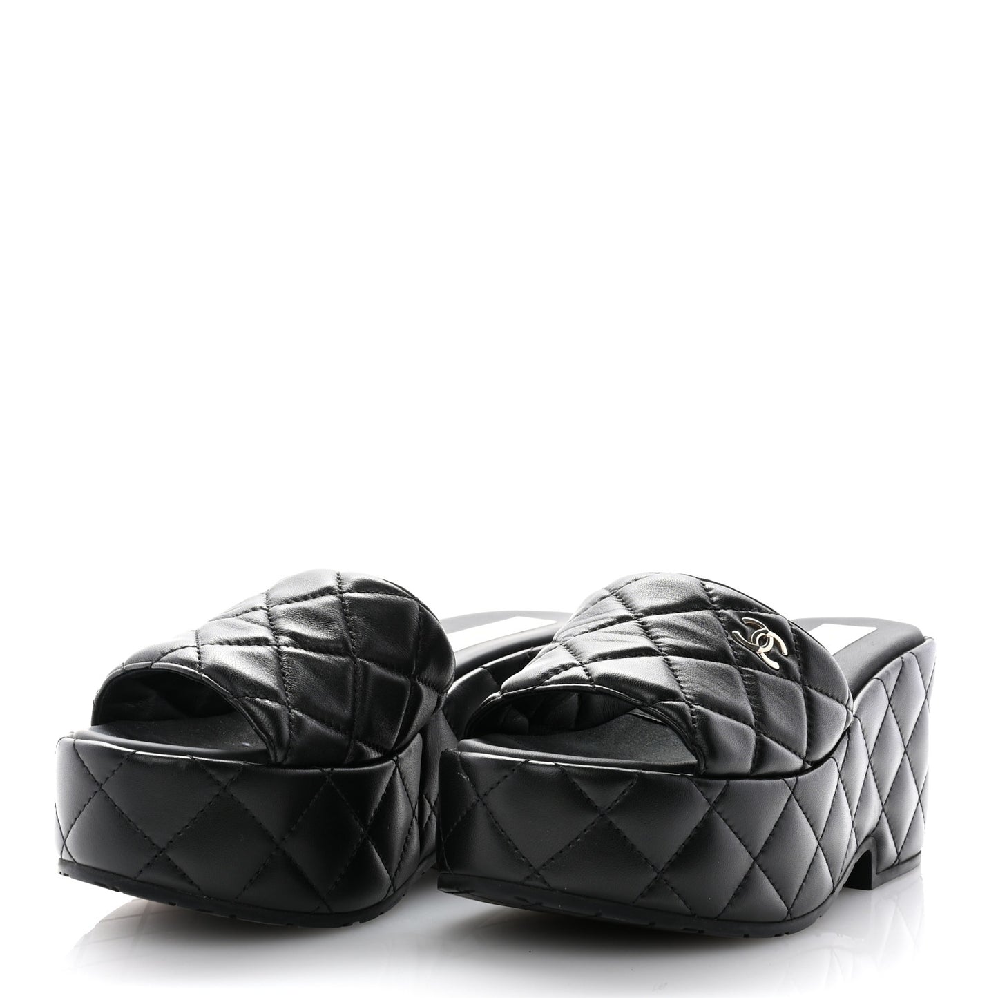 Lambskin Quilted CC Mules Wedge Sandals 35 Black