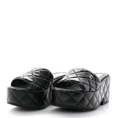 Chanel Lambskin Quilted CC Mules Wedge Sandals 35 Black 3 of 8