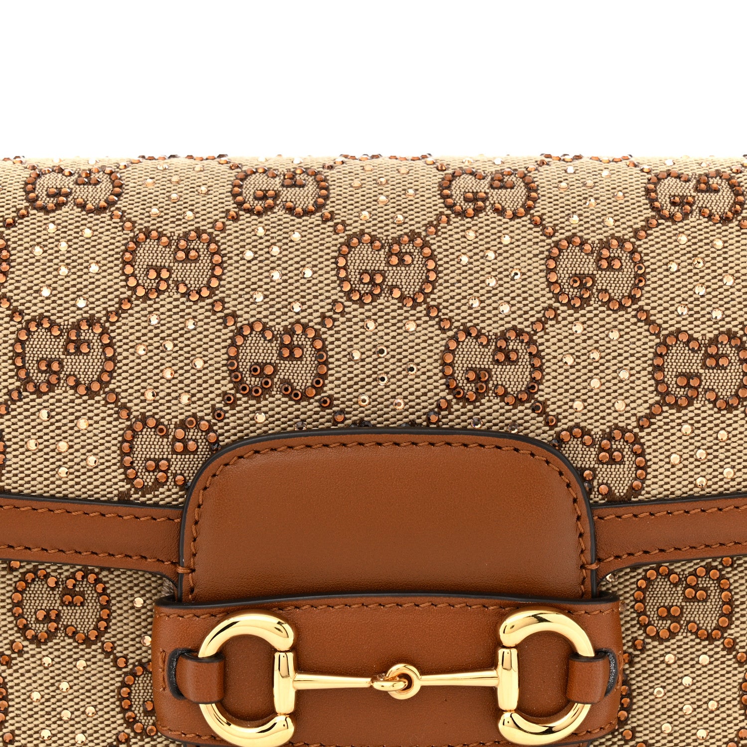 Gucci New Canvas Charisma Calfskin Crystal GG Monogram Mini Horsebit 1955 Shoulder Bag Camel Ebony 8 of 10