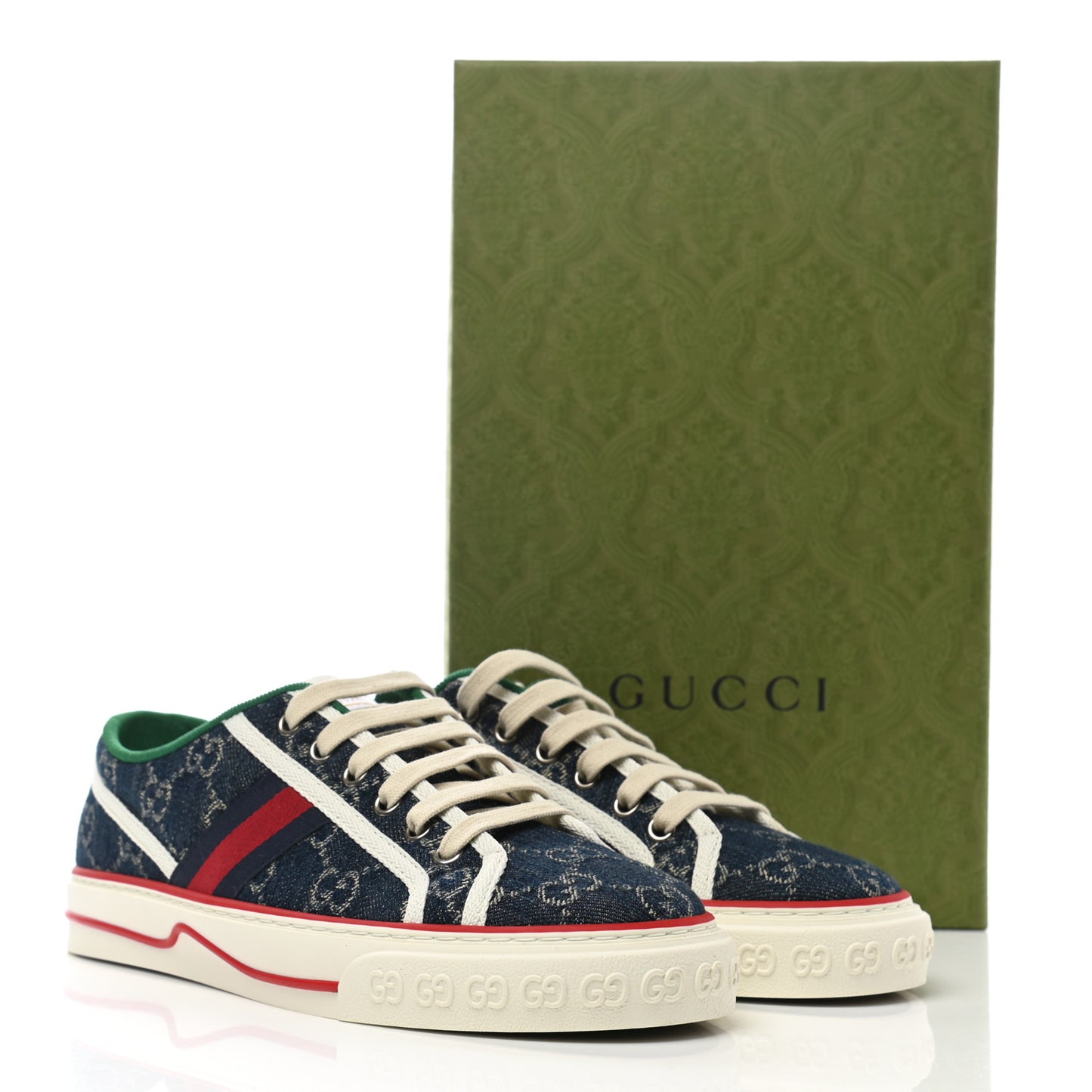 New Denim GG Monogram Web Womens 1977 Tennis Sneakers 39 Blue Tea Mystic White