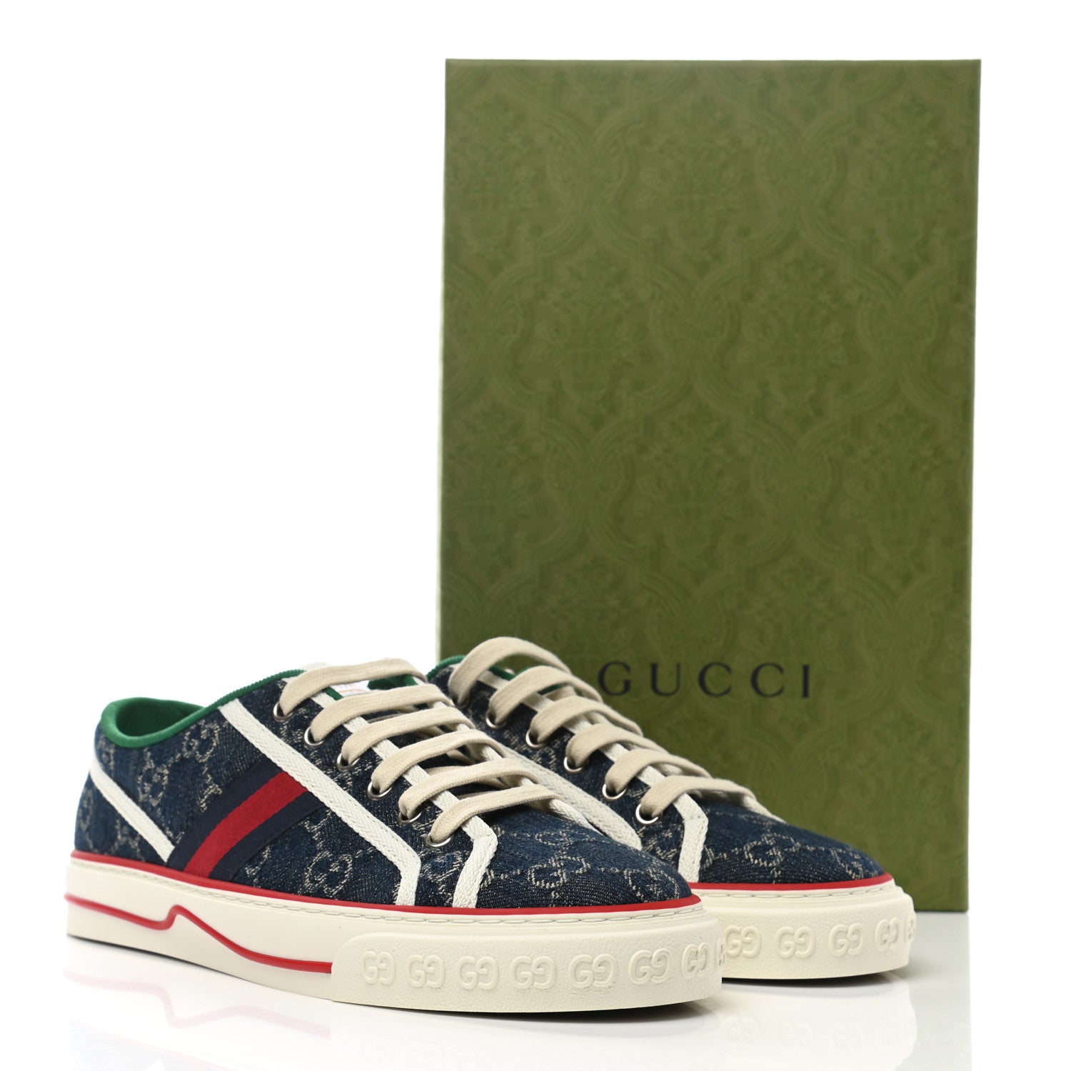 Gucci New Denim GG Monogram Web Womens 1977 Tennis Sneakers 39 Blue Tea Mystic White 8 of 8