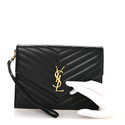 Saint Laurent Grain De Poudre Matelasse Chevron Monogram Envelope Clutch Black 2 of 8