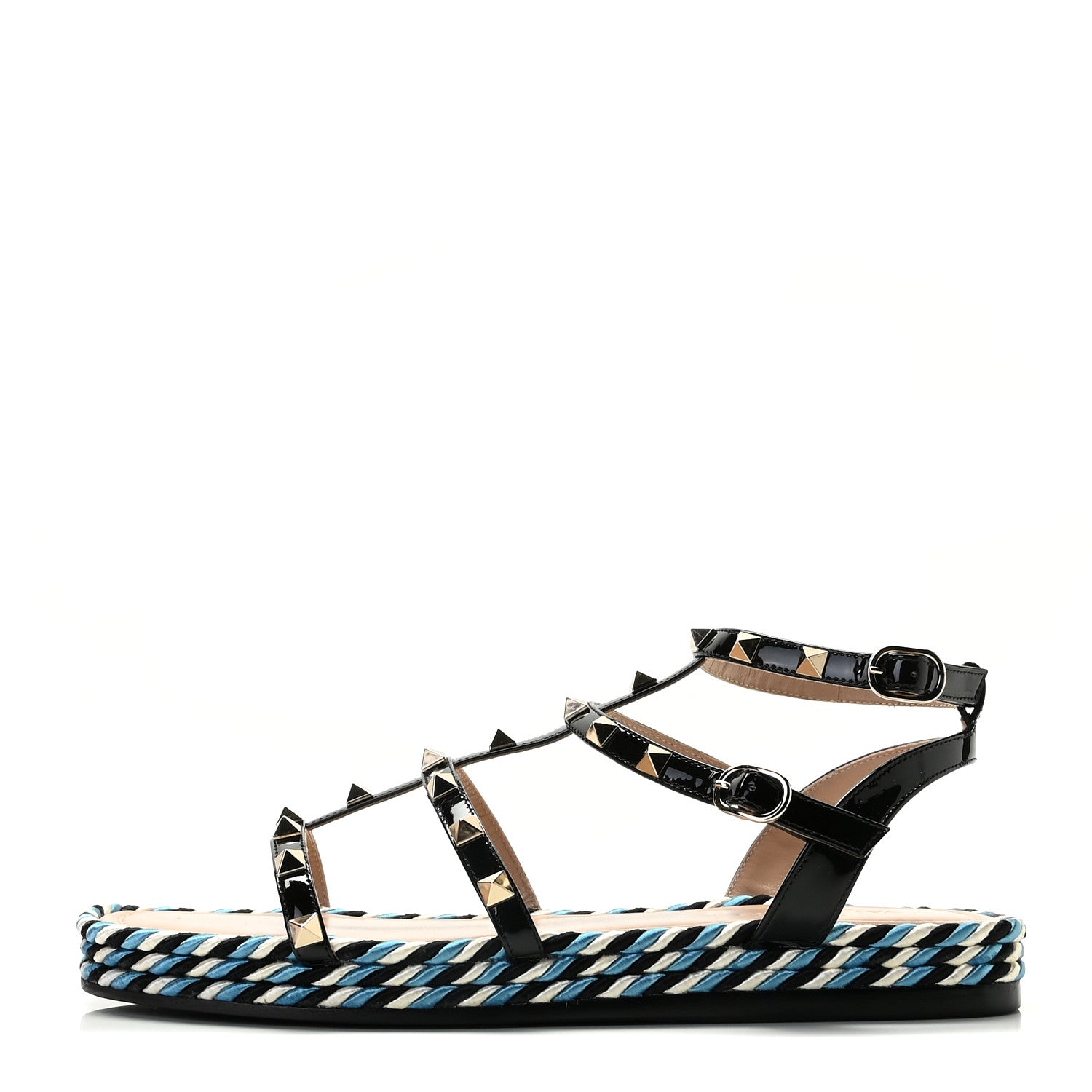 Valentino Garavani Patent Rockstud Torchon Espadrille Caged 30mm Flat Sandals 39 Black 1 of 12