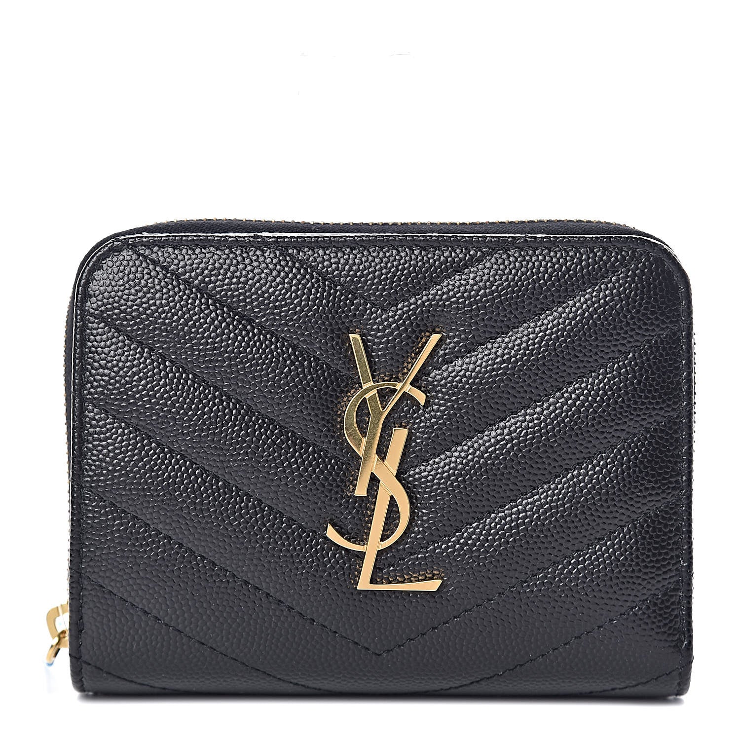 Saint Laurent Grain De Poudre Matelasse Chevron Monogram Compact Zip Around Wallet Black 1 of 9
