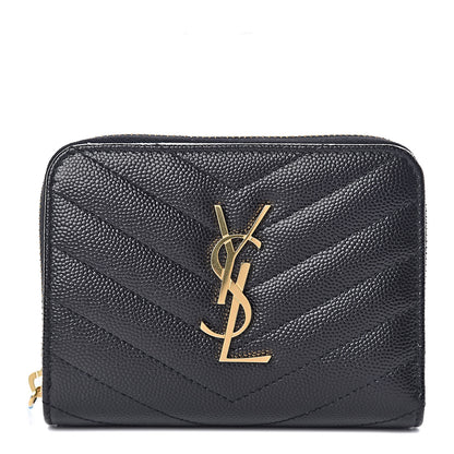Saint Laurent Grain De Poudre Matelasse Chevron Monogram Compact Zip Around Wallet Black 1 of 9