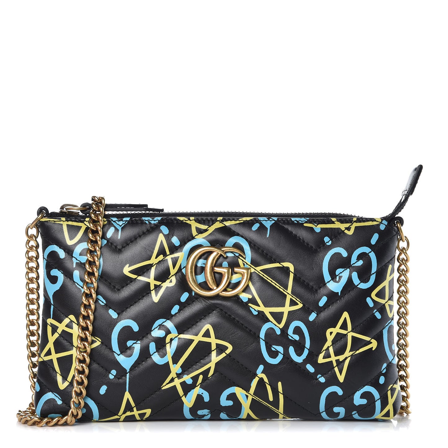 Calfskin Matelasse Printed Mini GucciGhost GG Marmont Chain Bag Black New Acquamarine