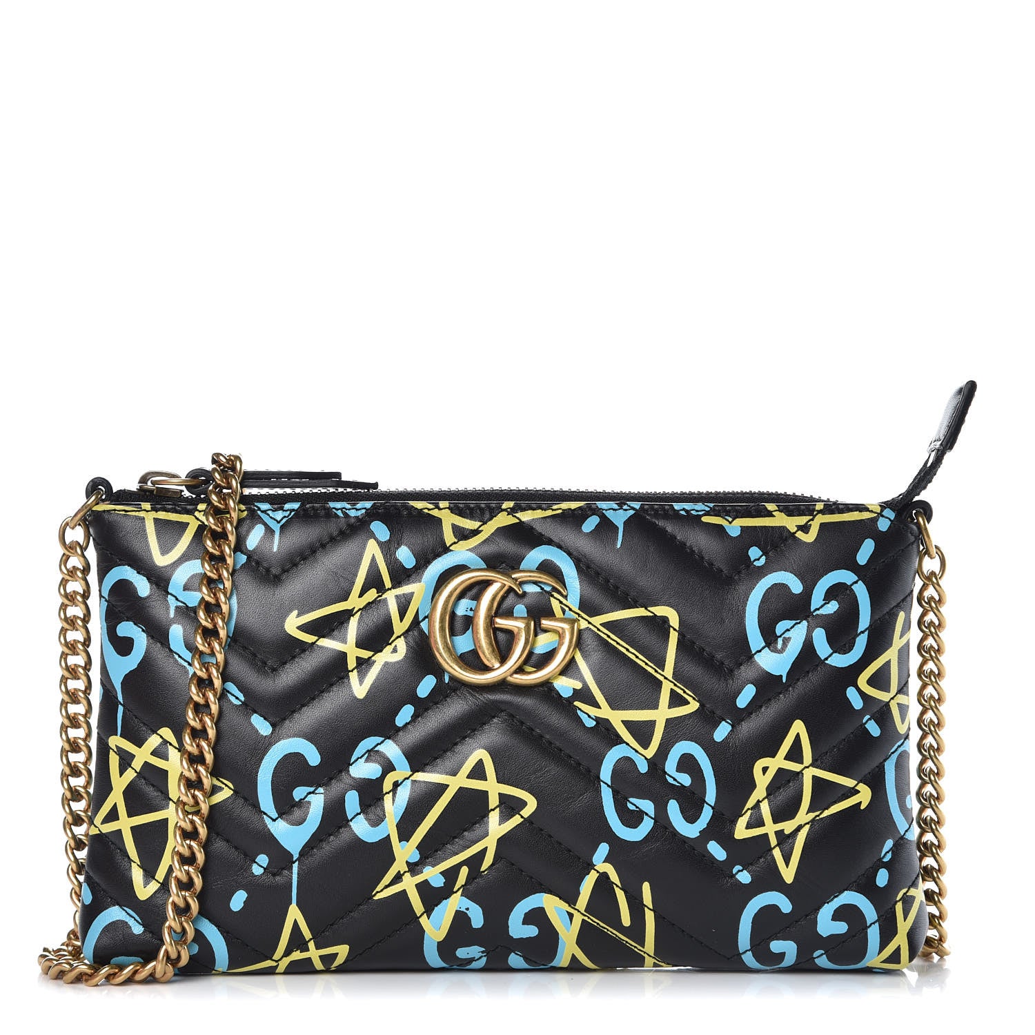 Gucci Calfskin Matelasse Printed Mini GucciGhost GG Marmont Chain Bag Black New Acquamarine 1 of 8