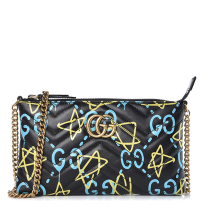 Gucci Calfskin Matelasse Printed Mini GucciGhost GG Marmont Chain Bag Black New Acquamarine 1 of 8