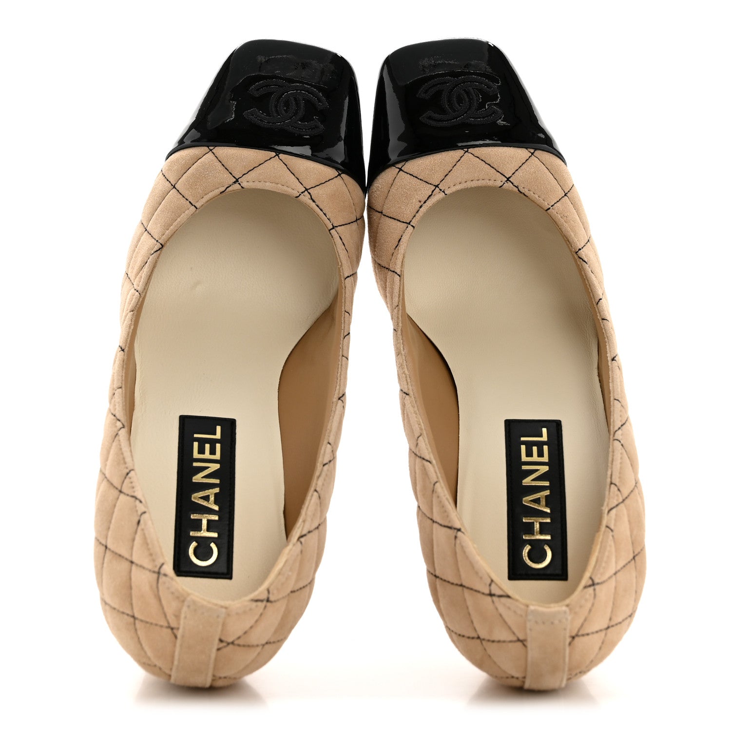 Chanel Suede Kidskin Patent Quilted CC Cap Toe Pumps 39 Beige