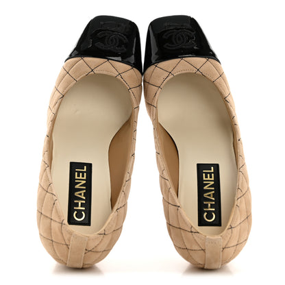 Chanel Suede Kidskin Patent Quilted CC Cap Toe Pumps 39 Beige Black 2 of 11