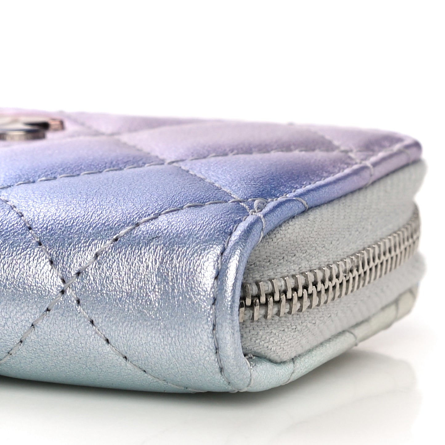 Gradient Metallic Calfskin Quilted Zip Around Coin Purse Wallet Silver Blue Yellow Purple