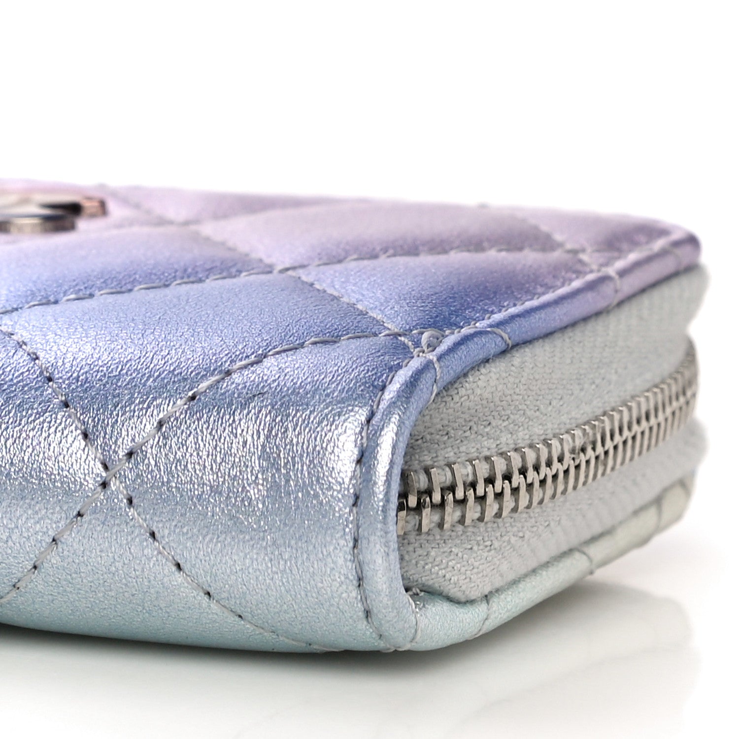 Chanel Gradient Metallic Calfskin Quilted Zip Around Coin Purse Wallet Silver Blue Yellow Purple 10 of 11