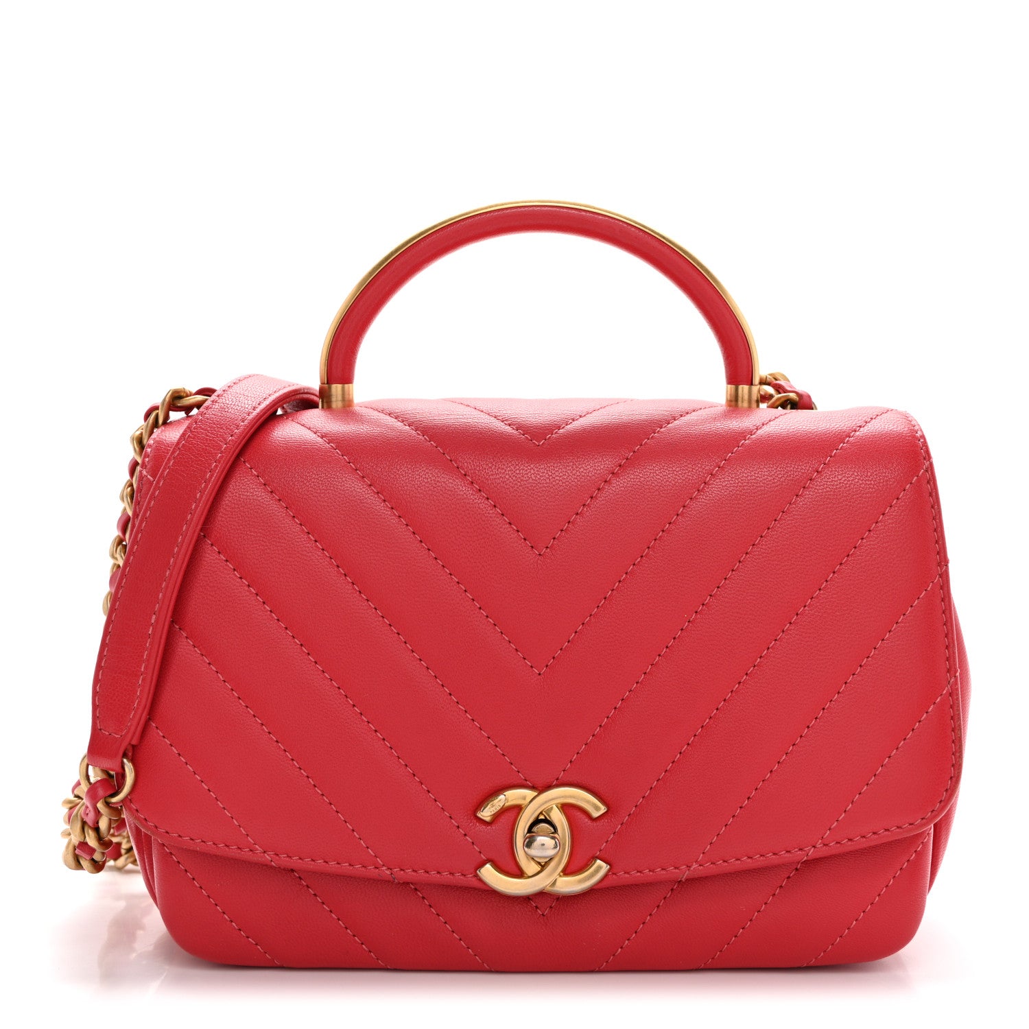 Chanel Lambskin Chevron Quilted Gold Top Handle Flap Bag Red 1 of 10