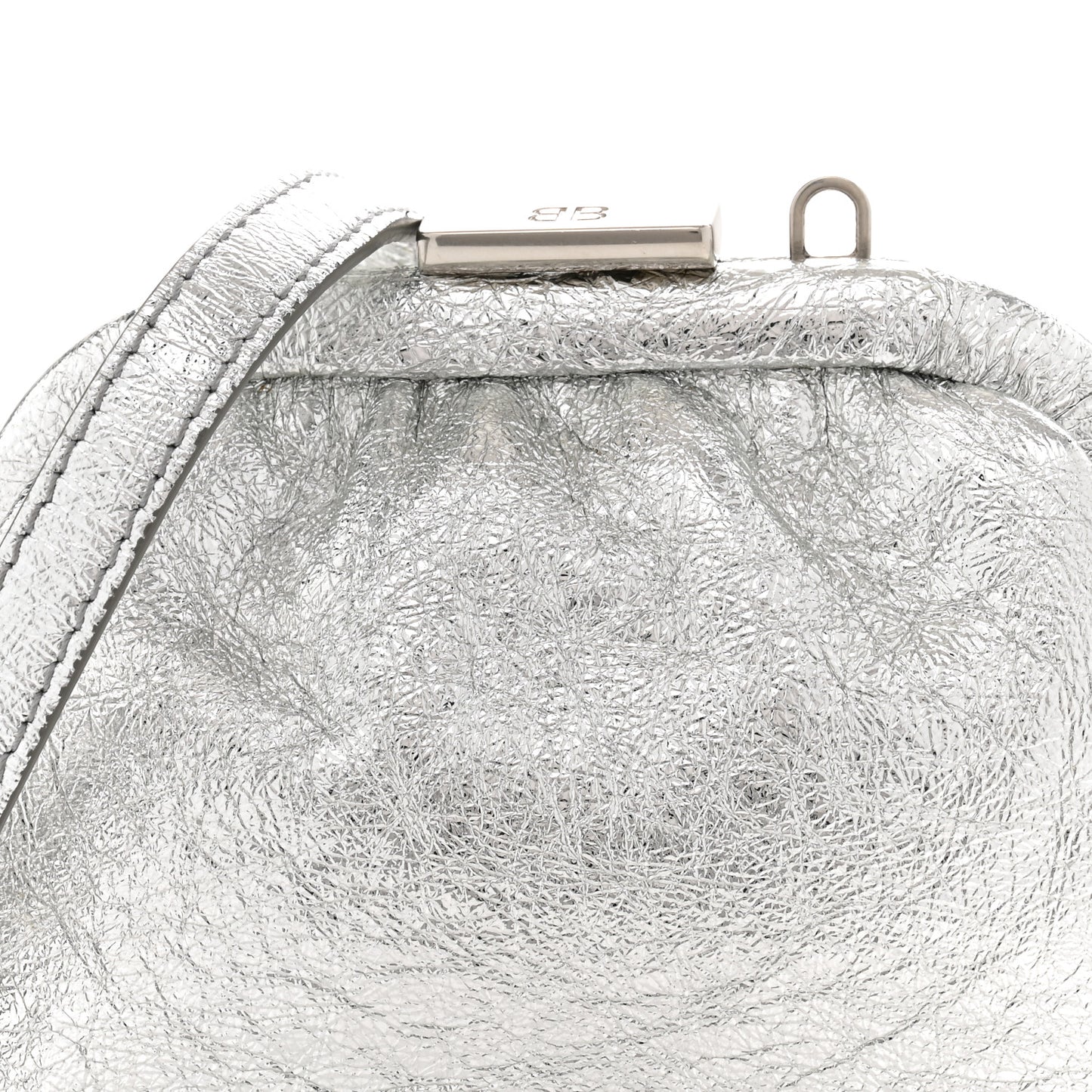 Metallic Textured Calfskin Logo Cloud Coin Purse With Strap Silver