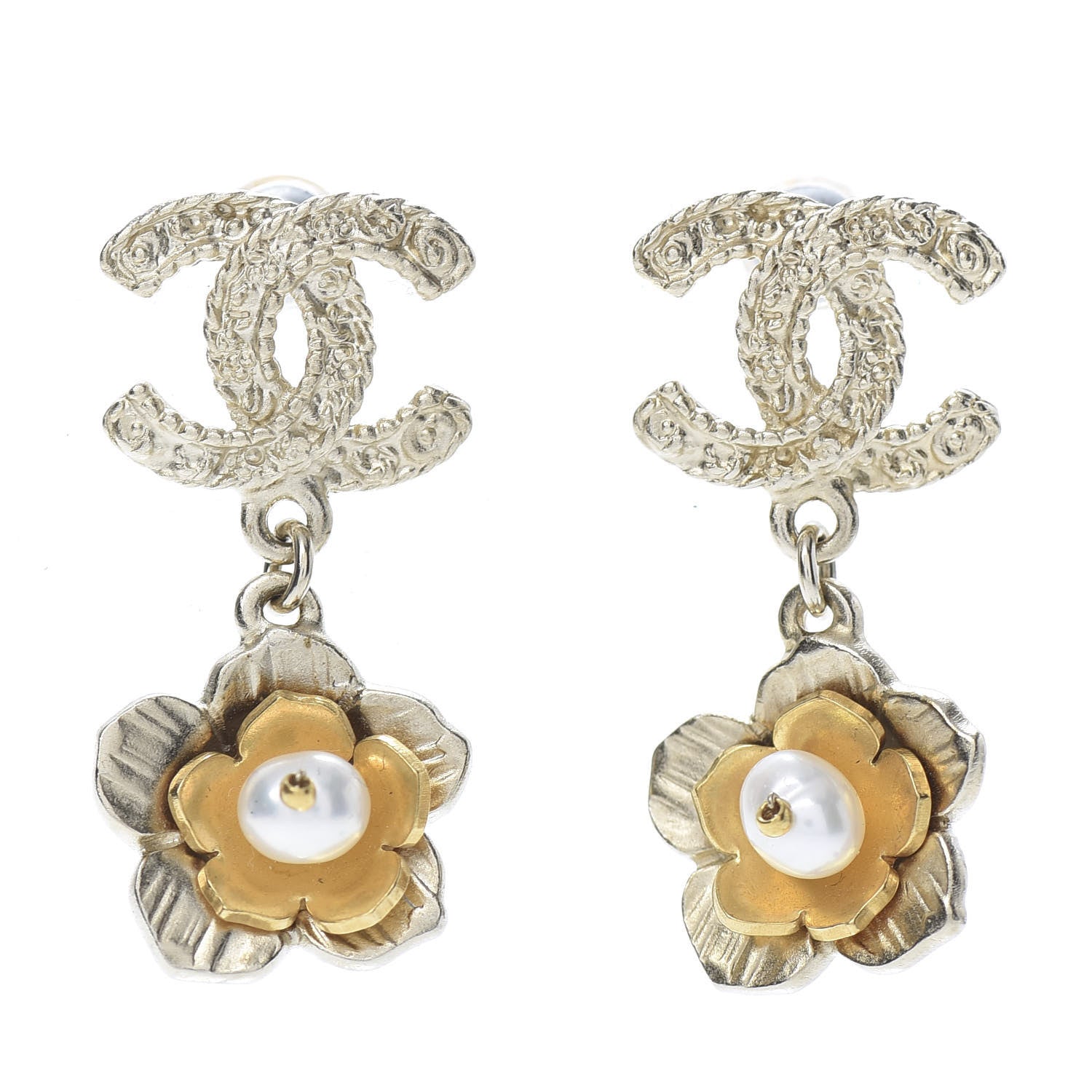 Chanel Pearl CC Camellia Drop Earrings Gold 1 of 5