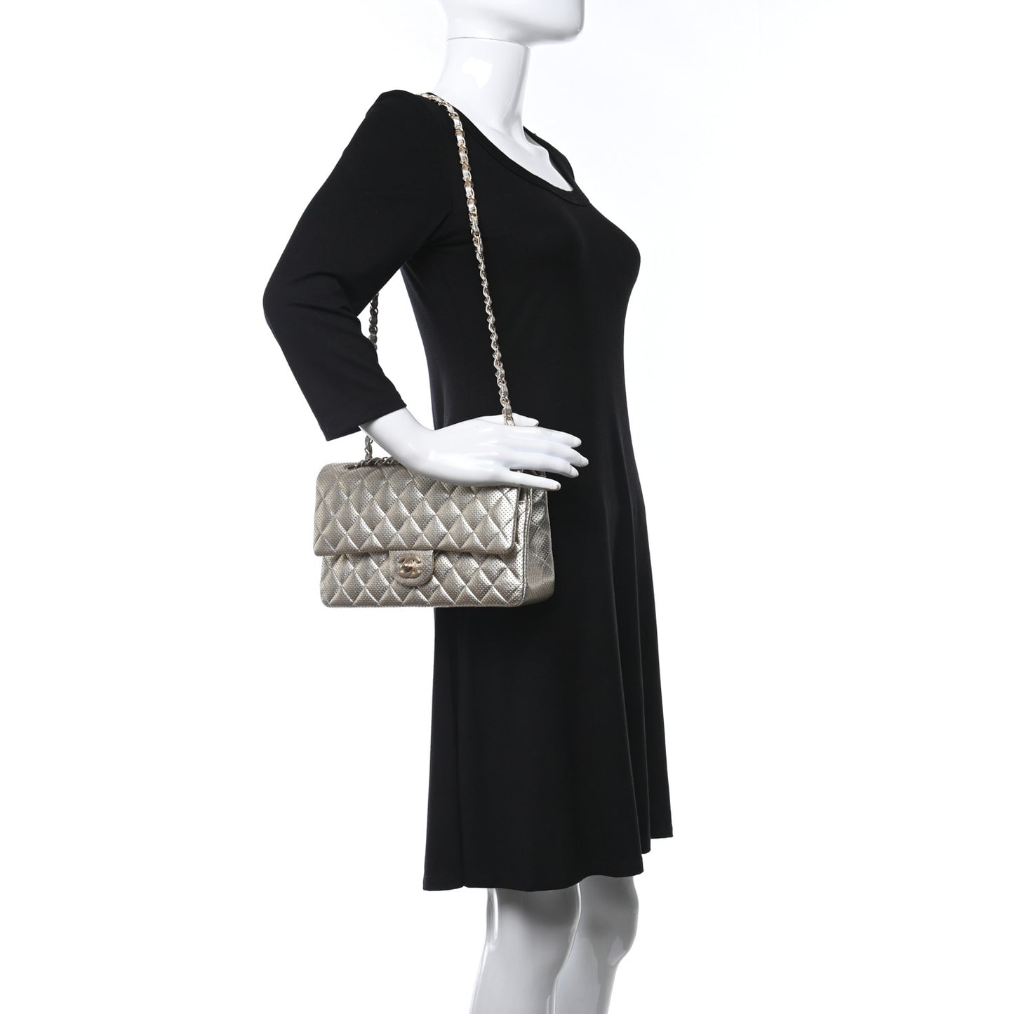 Metallic Lambskin Perforated Medium Double Flap Gold