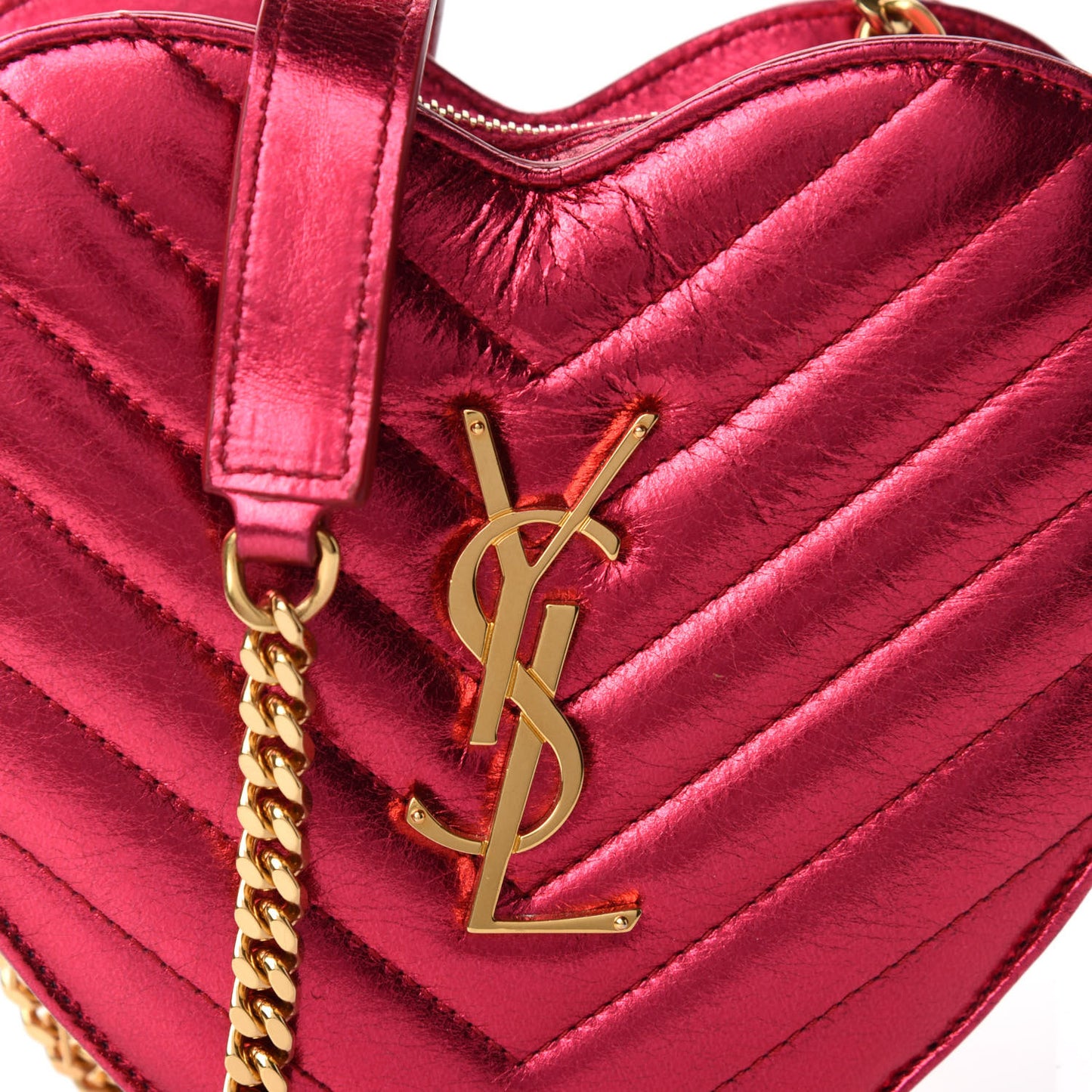 Metallic Calfskin Matelasse Chevron Monogram Small Love Heart Chain Bag Red