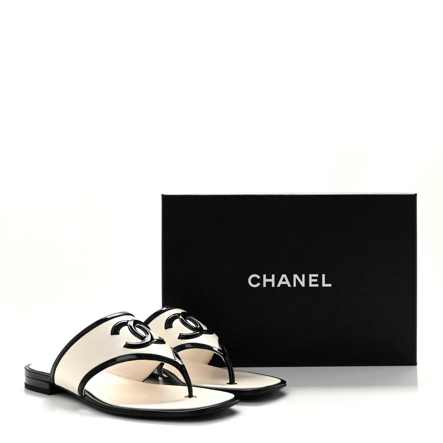 Lambskin Patent Calfskin CC Thong Sandals 39 White Black