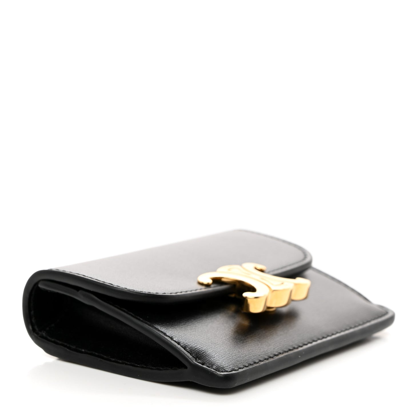 Shiny Calfskin Triomphe Flap Card Holder Black