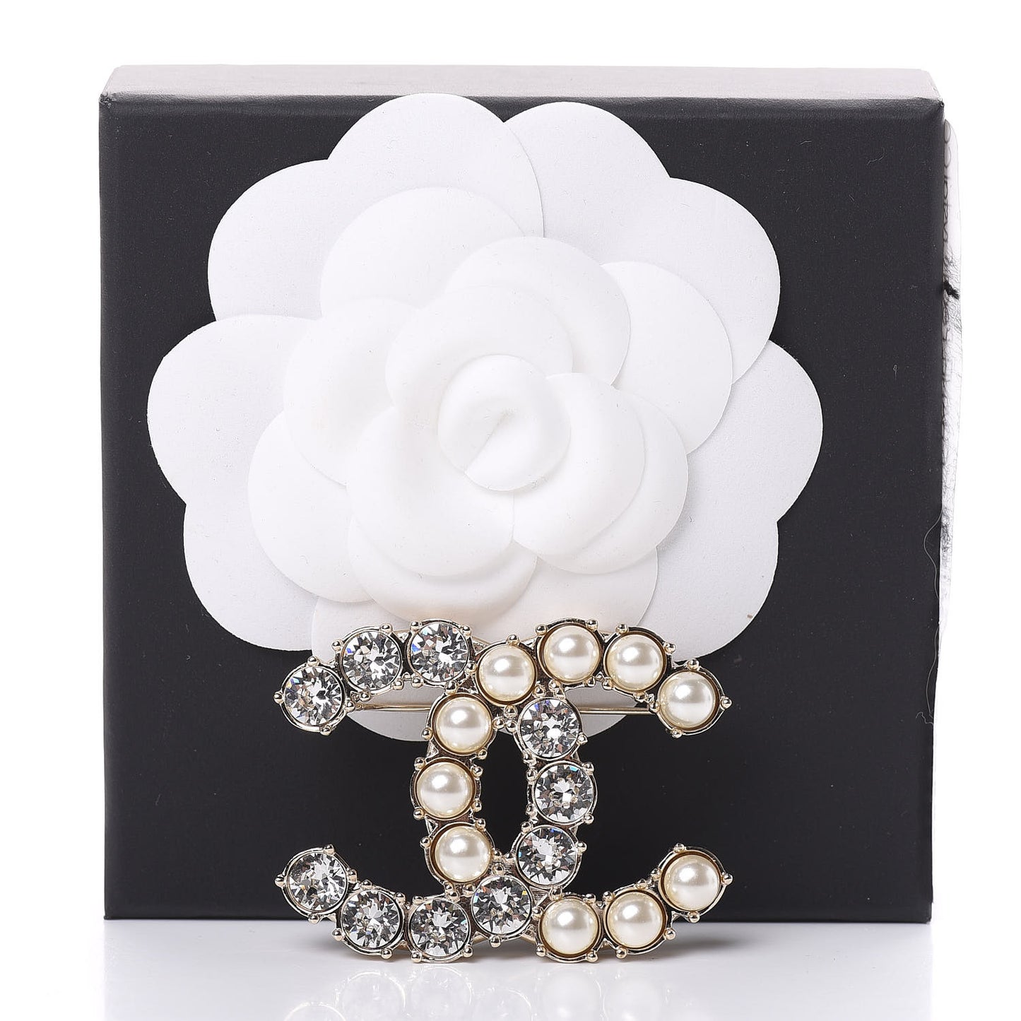 Crystal Pearl CC Dazzling Domino Brooch Gold