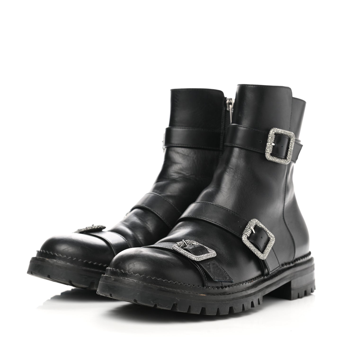 Calfskin Crystal Buckle Hank Boots 38 Black