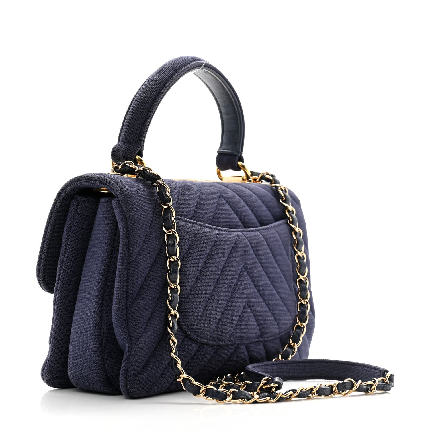 Chanel Jersey Chevron Quilted Small Trendy CC Dual Handle Flap Bag Navy Blue 3 of 16