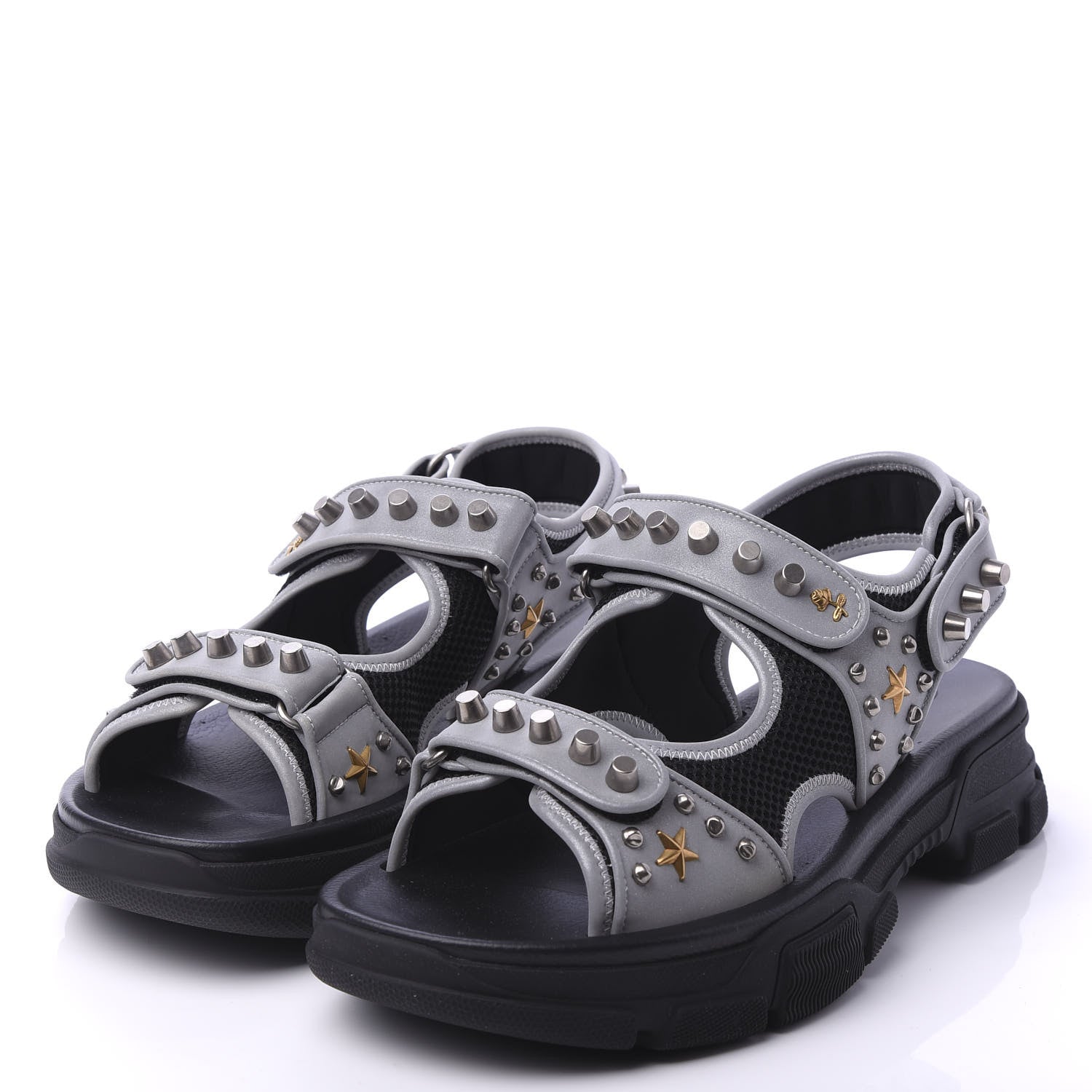 Gucci Technical Canvas Calfskin Reflective Studded Mens Aguru Sandals 10 Silver Black 3 of 8