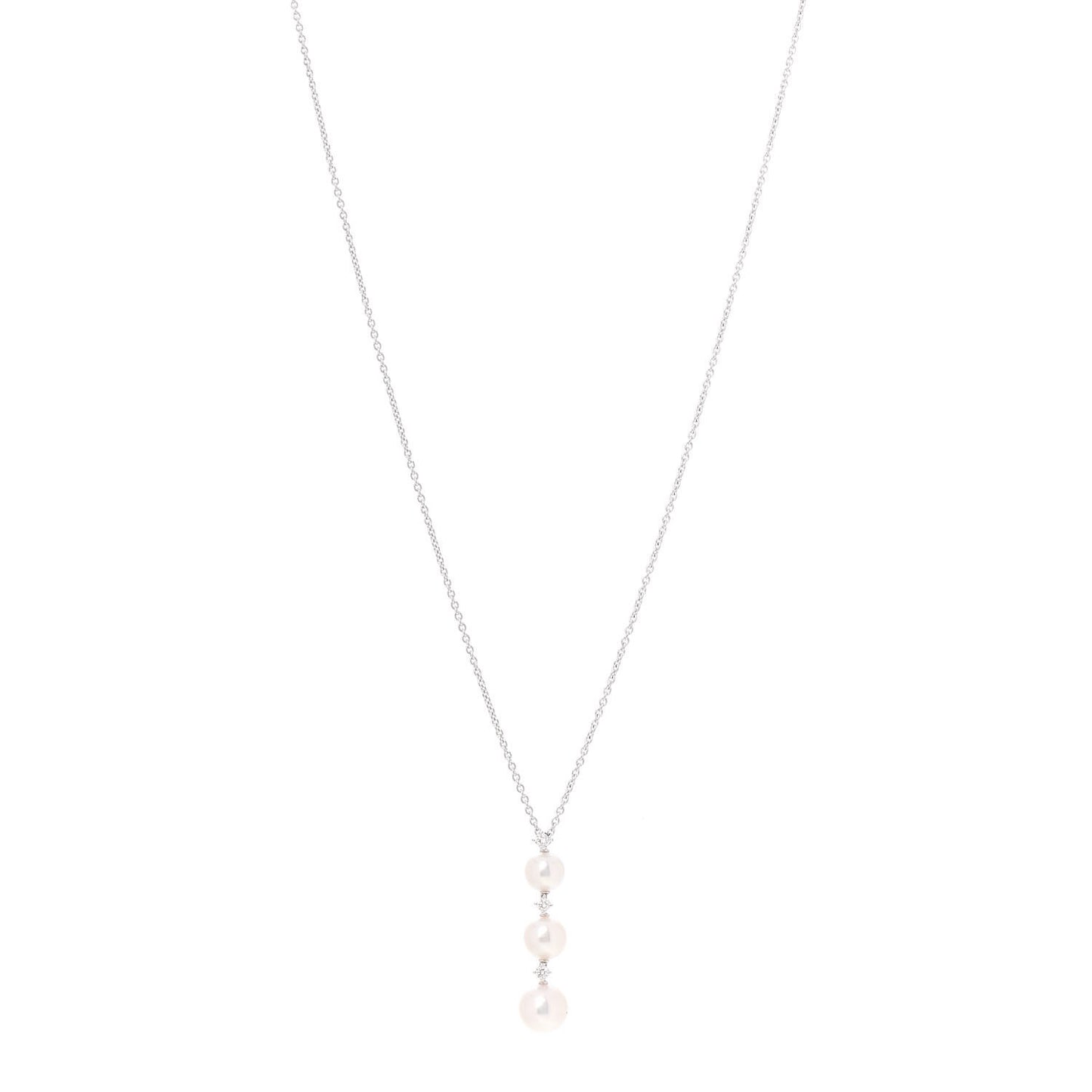 18K White Gold Diamond Akoya Pearl 5.5-7.5mm Three Pearl Drop Pendant Necklace