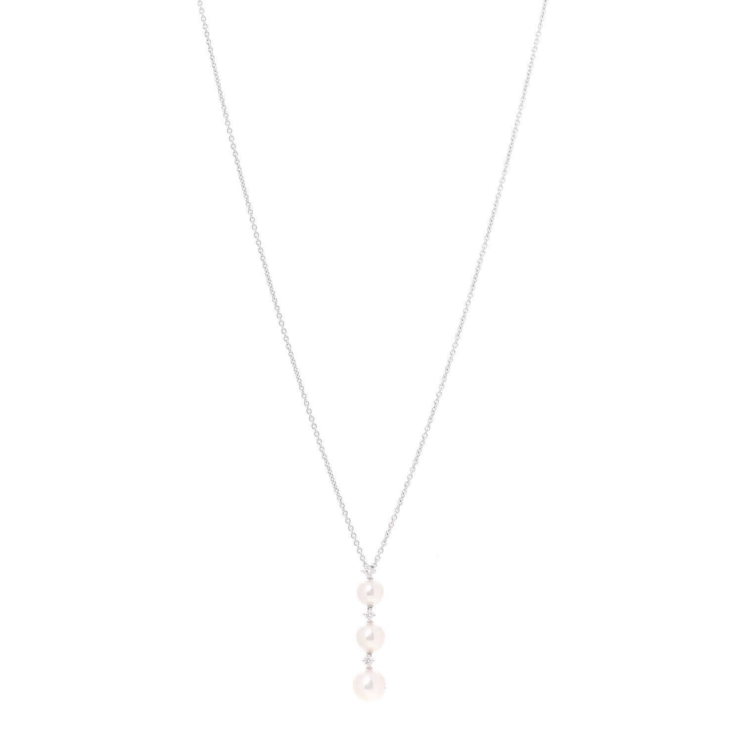 Mikimoto 18K White Gold Diamond Akoya Pearl 5.5-7.5mm Three Pearl Drop Pendant Necklace 1 of 4