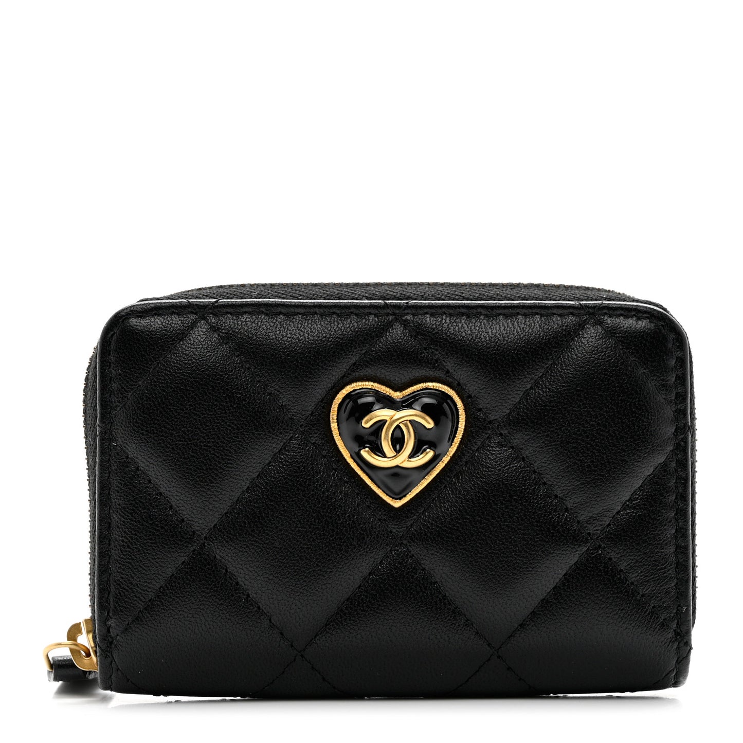 Lambskin Plexiglass Quilted Coco Love Zip Coin Purse Black
