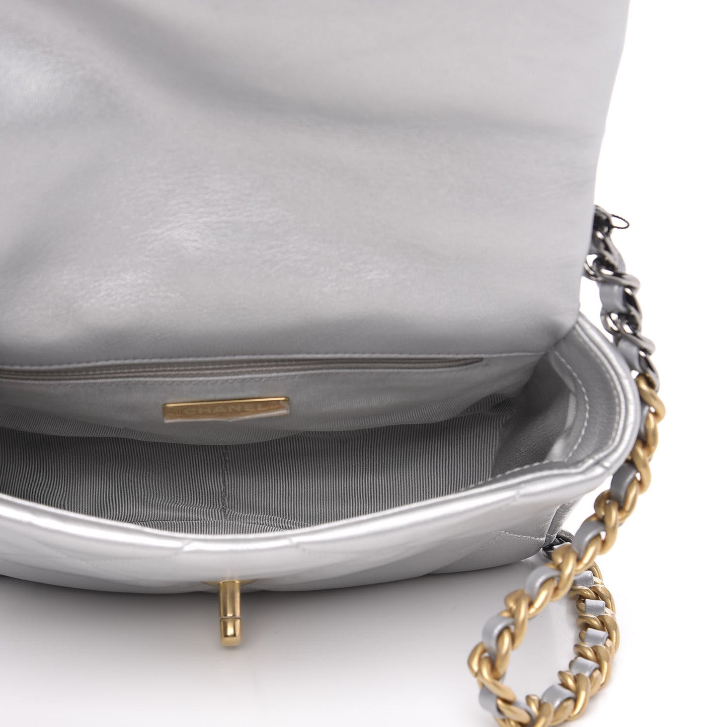 Metallic Goatskin Quilted Medium 19 Flap Silver