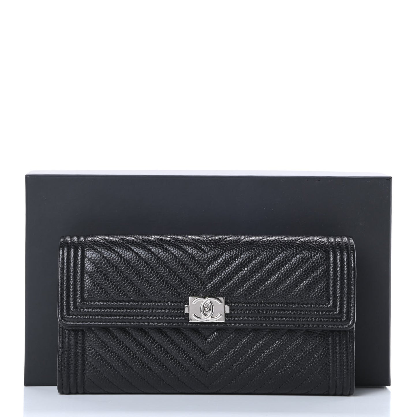 Caviar Chevron Quilted Boy Flap Wallet Black