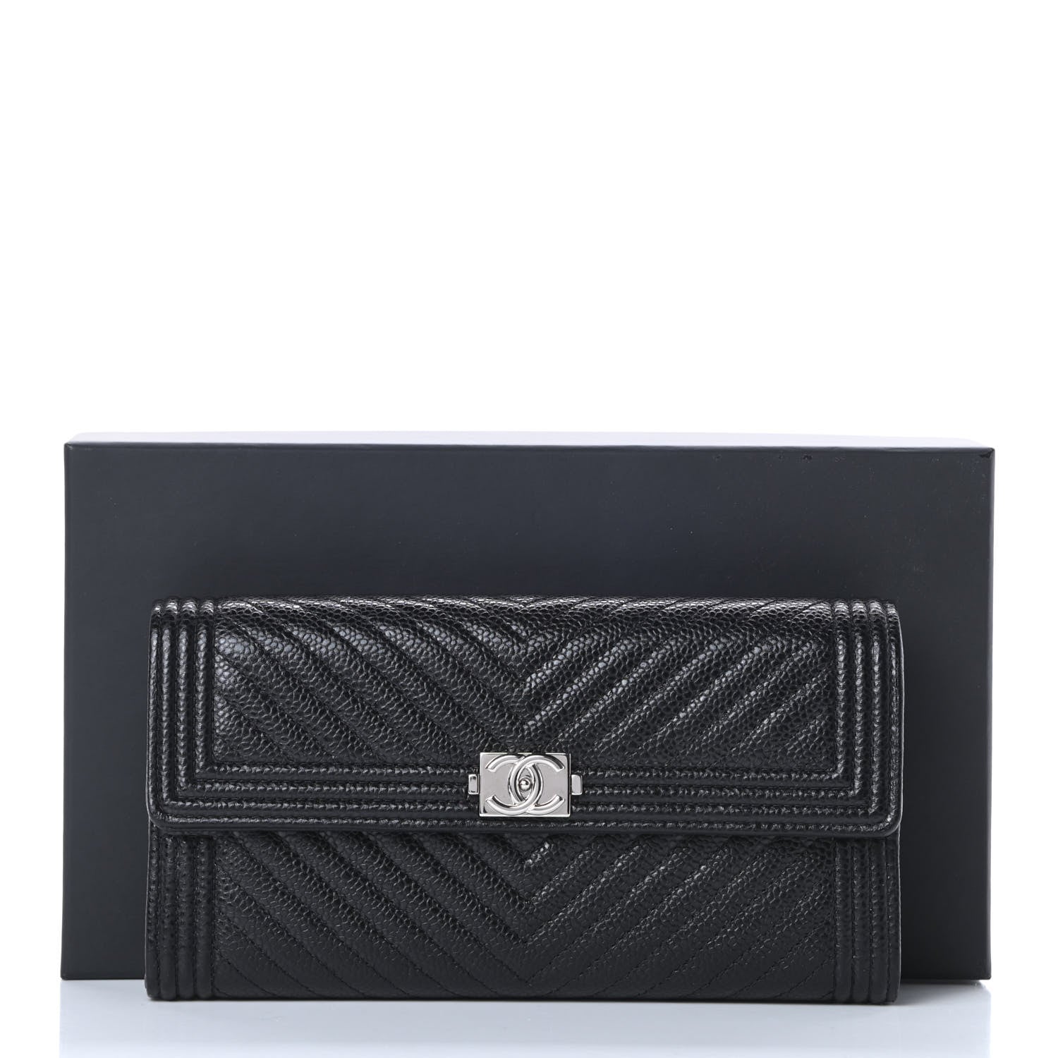 Chanel Caviar Chevron Quilted Boy Flap Wallet Black 10 of 10
