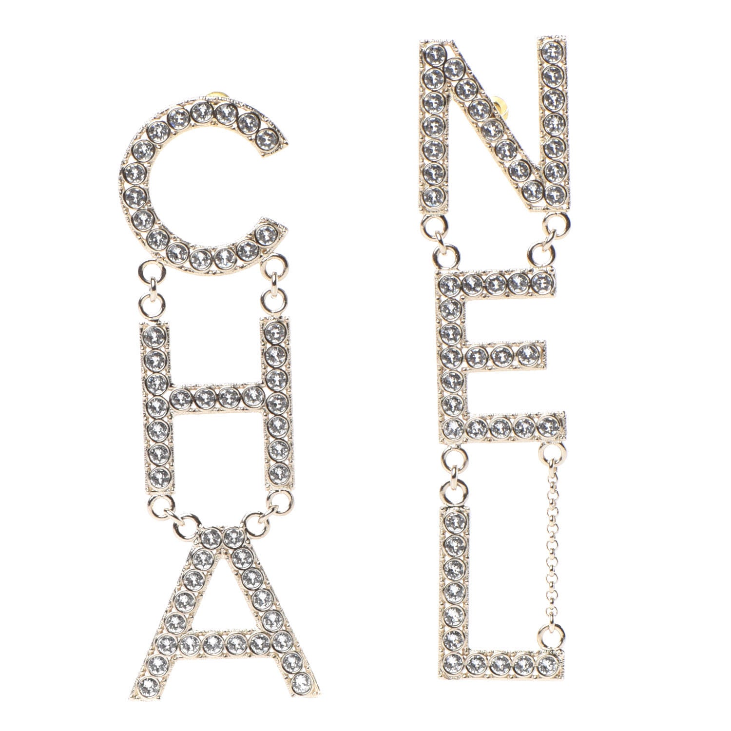 Chanel Crystal Cha-Nel Logo Drop Earrings Gold 1 of 4