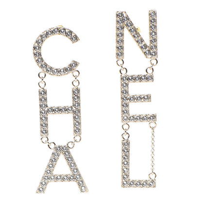 Chanel Crystal Cha-Nel Logo Drop Earrings Gold 1 of 4
