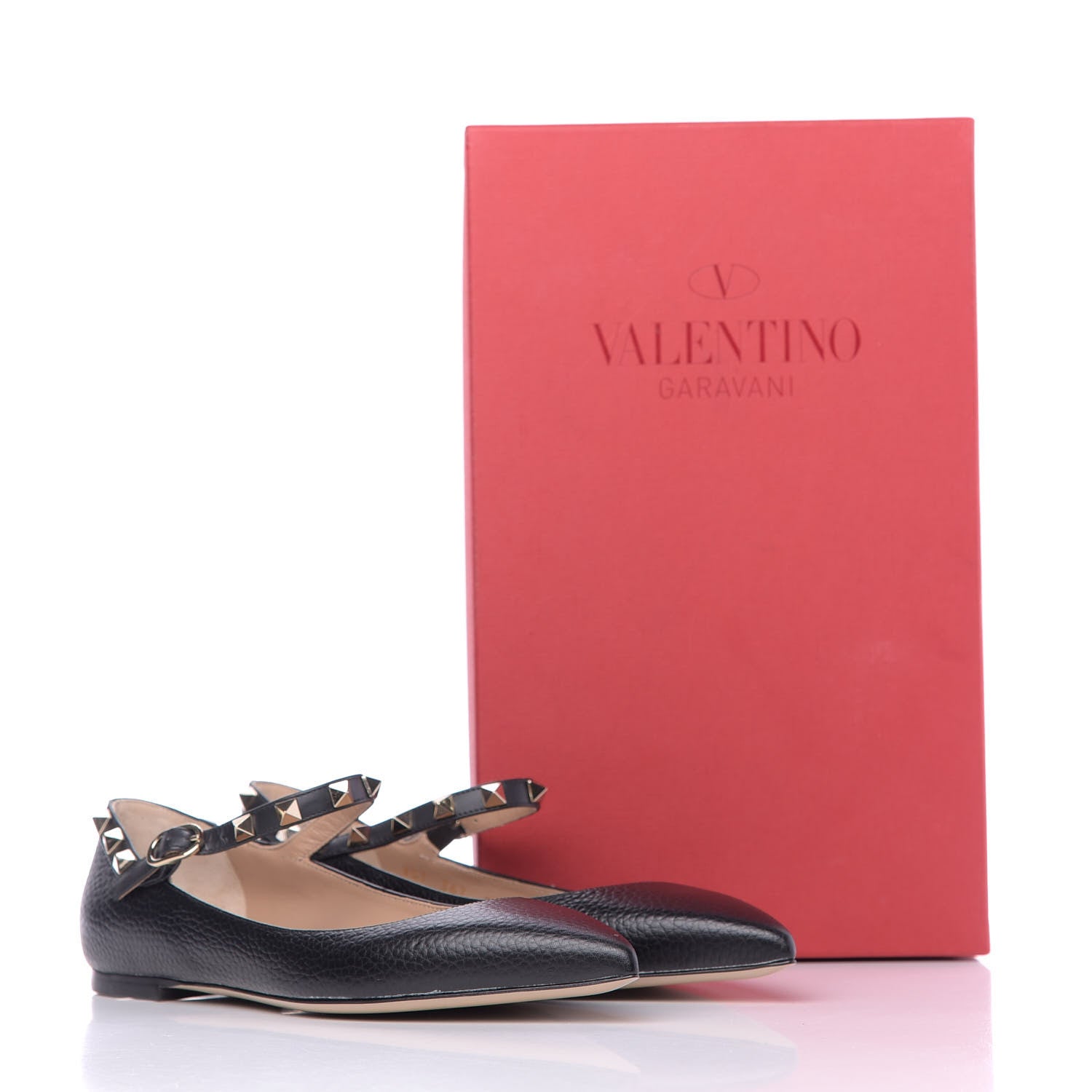 Valentino Garavani Pebbled Calfskin Rockstud Ankle Strap Ballerina Flats 36 Black 12 of 12