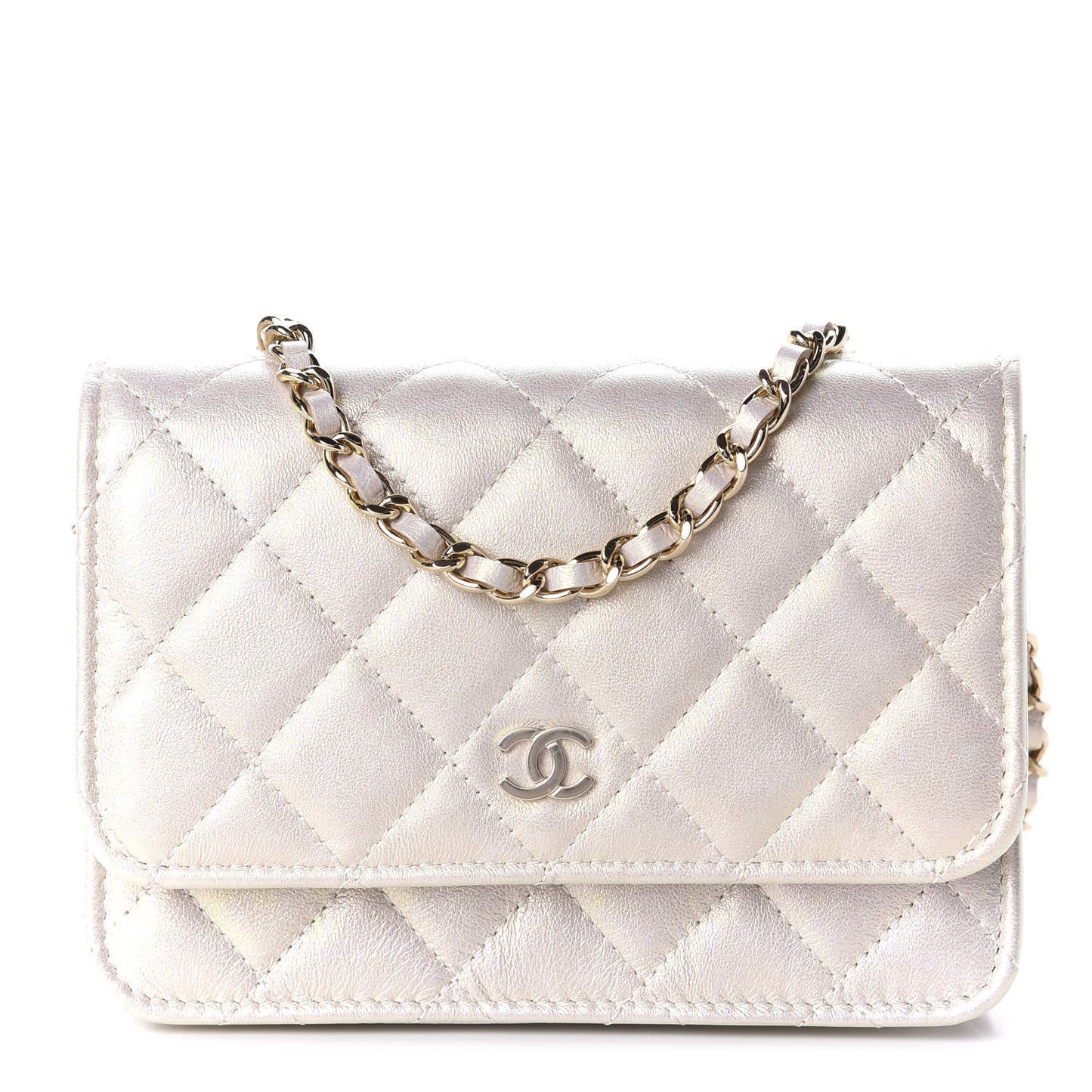 Iridescent Lambskin Quilted Mini Wallet On Chain WOC Ivory