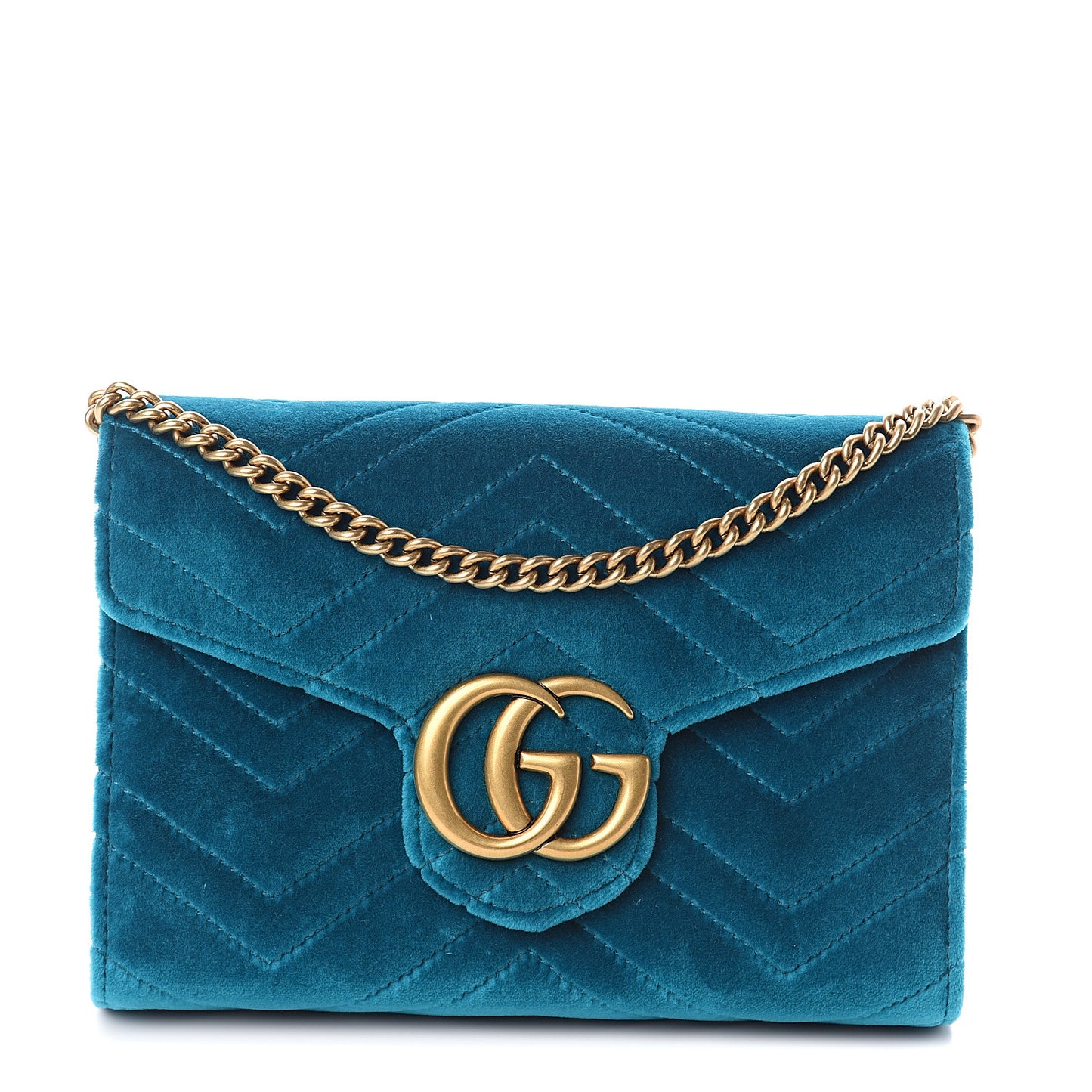 Velvet Matelasse GG Marmont Chain Wallet Pavone Cyan