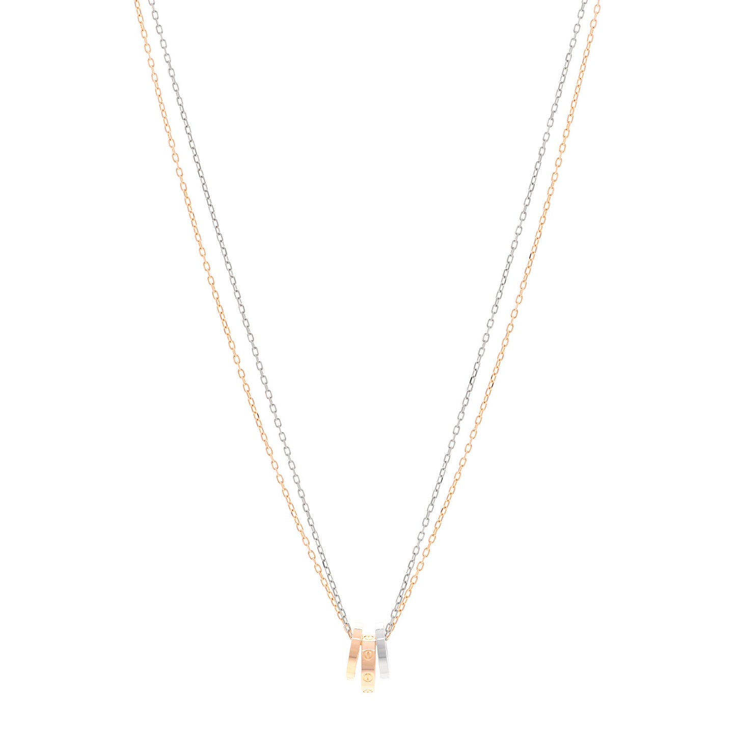 18K White Pink Gold Diamond Three Ring LOVE Pendant Necklace