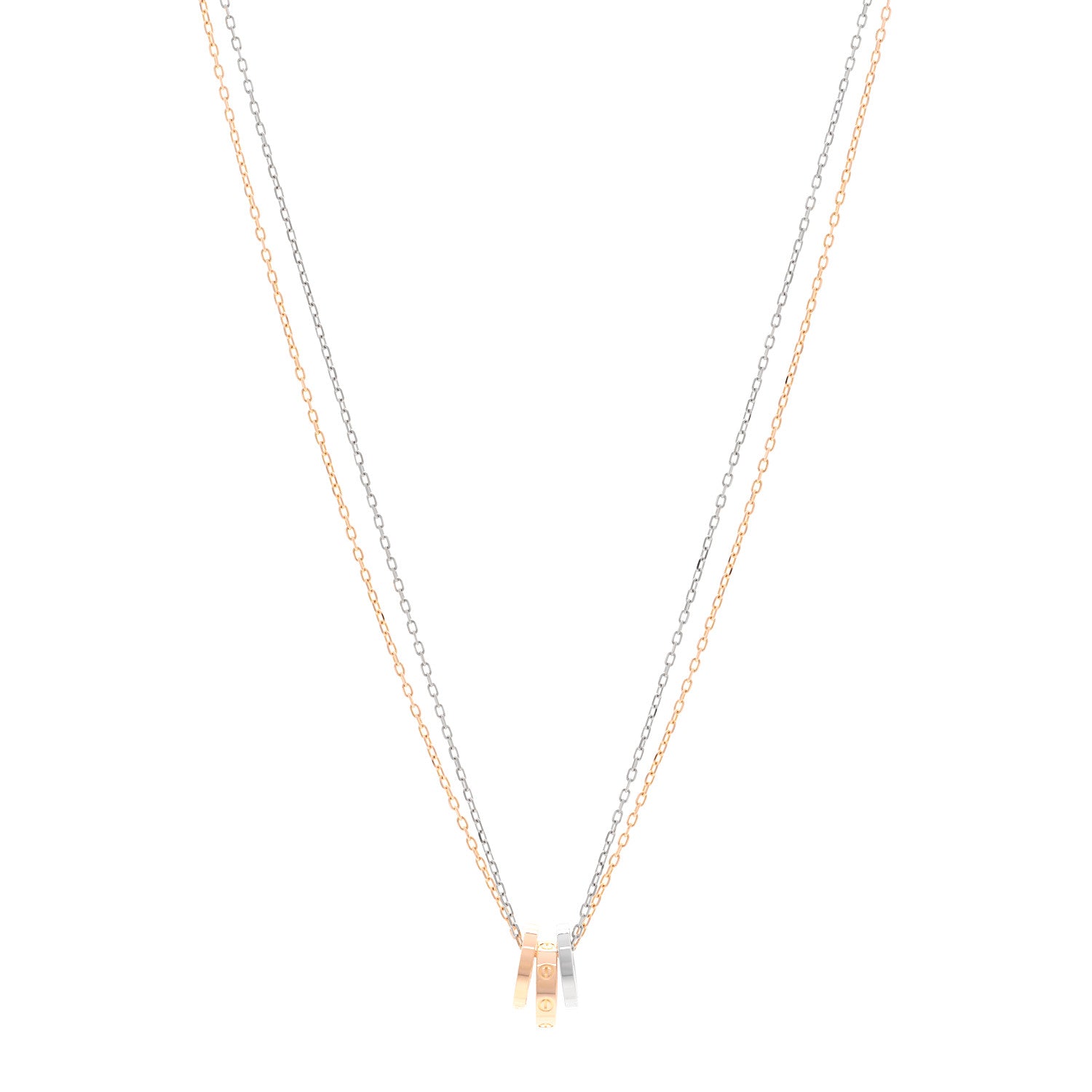 Cartier 18K White Pink Gold Diamond Three Ring LOVE Pendant Necklace 1 of 4