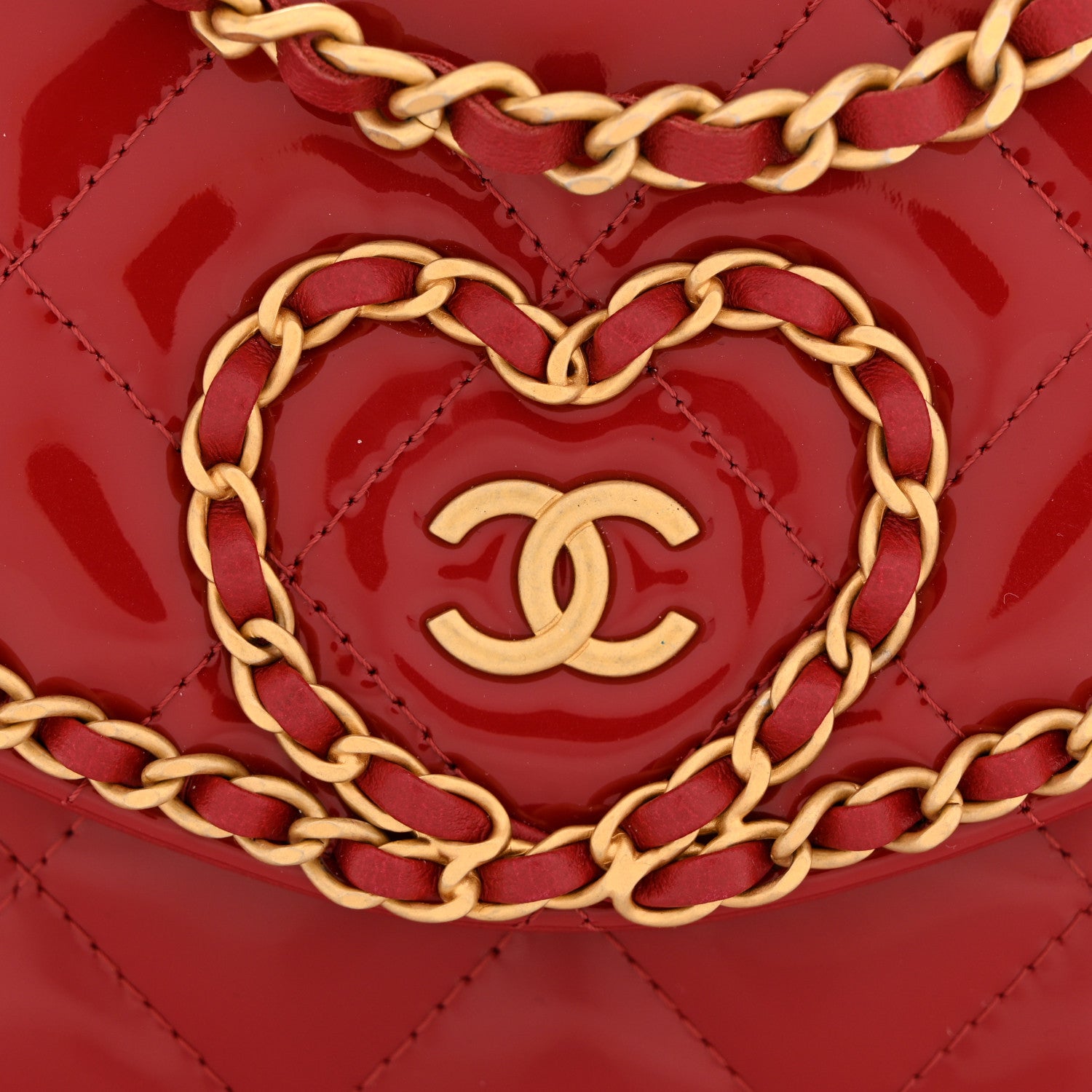 Chanel Patent Quilted Chain Around Heart Wallet On Chain WOC Red 14 of 15