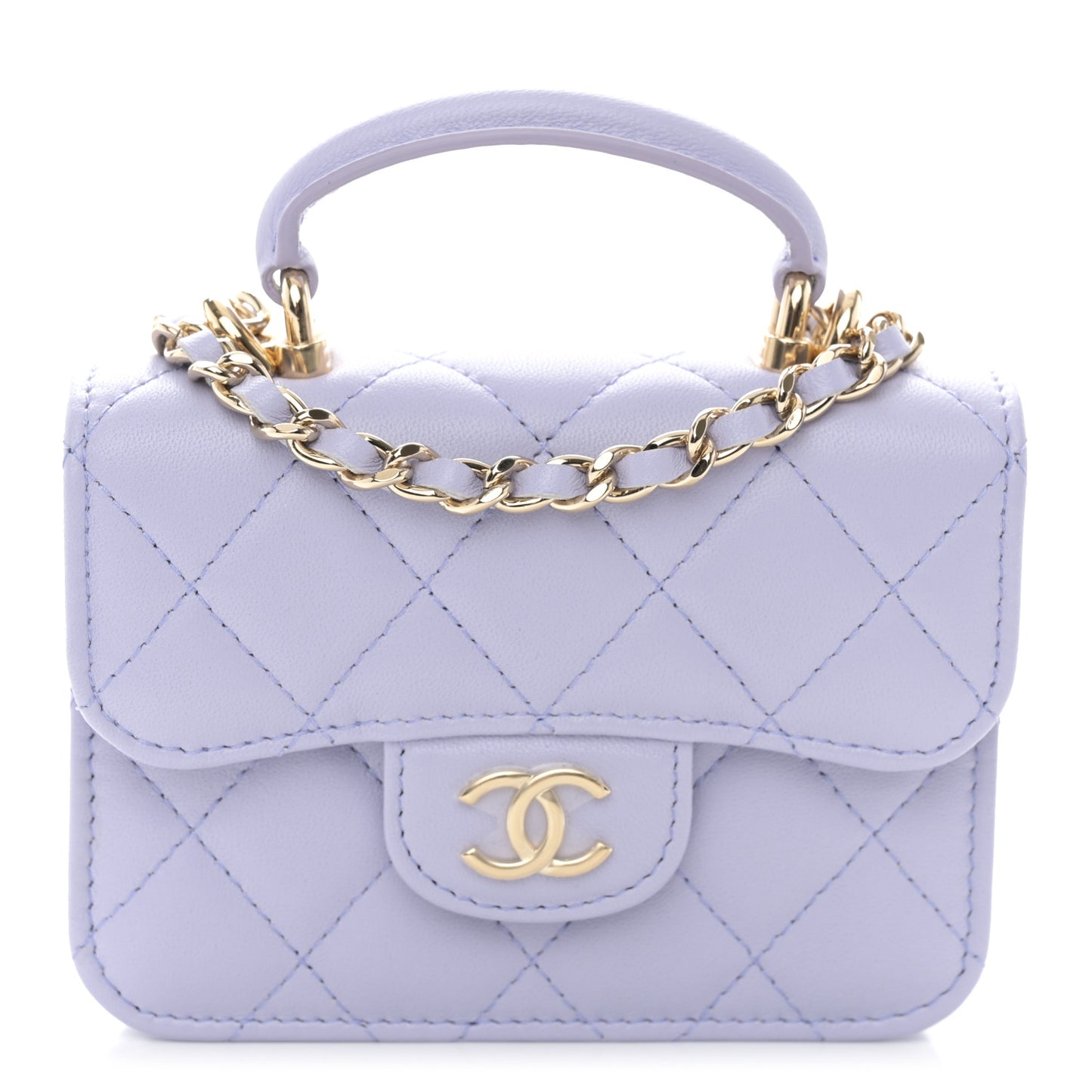 Lambskin Quilted Top Handle Flap Coin Purse With Chain Light Purple
