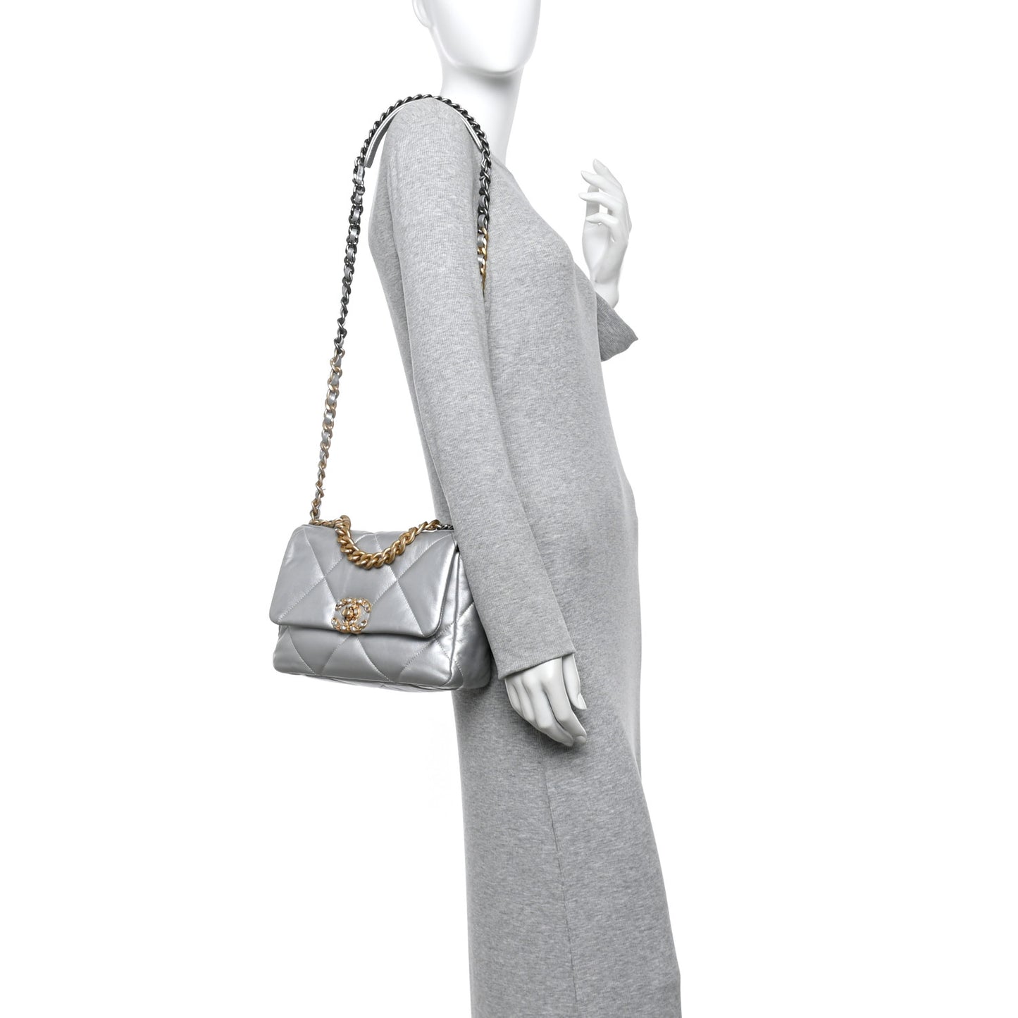 Metallic Goatskin Quilted Medium Chanel 19 Flap Silver