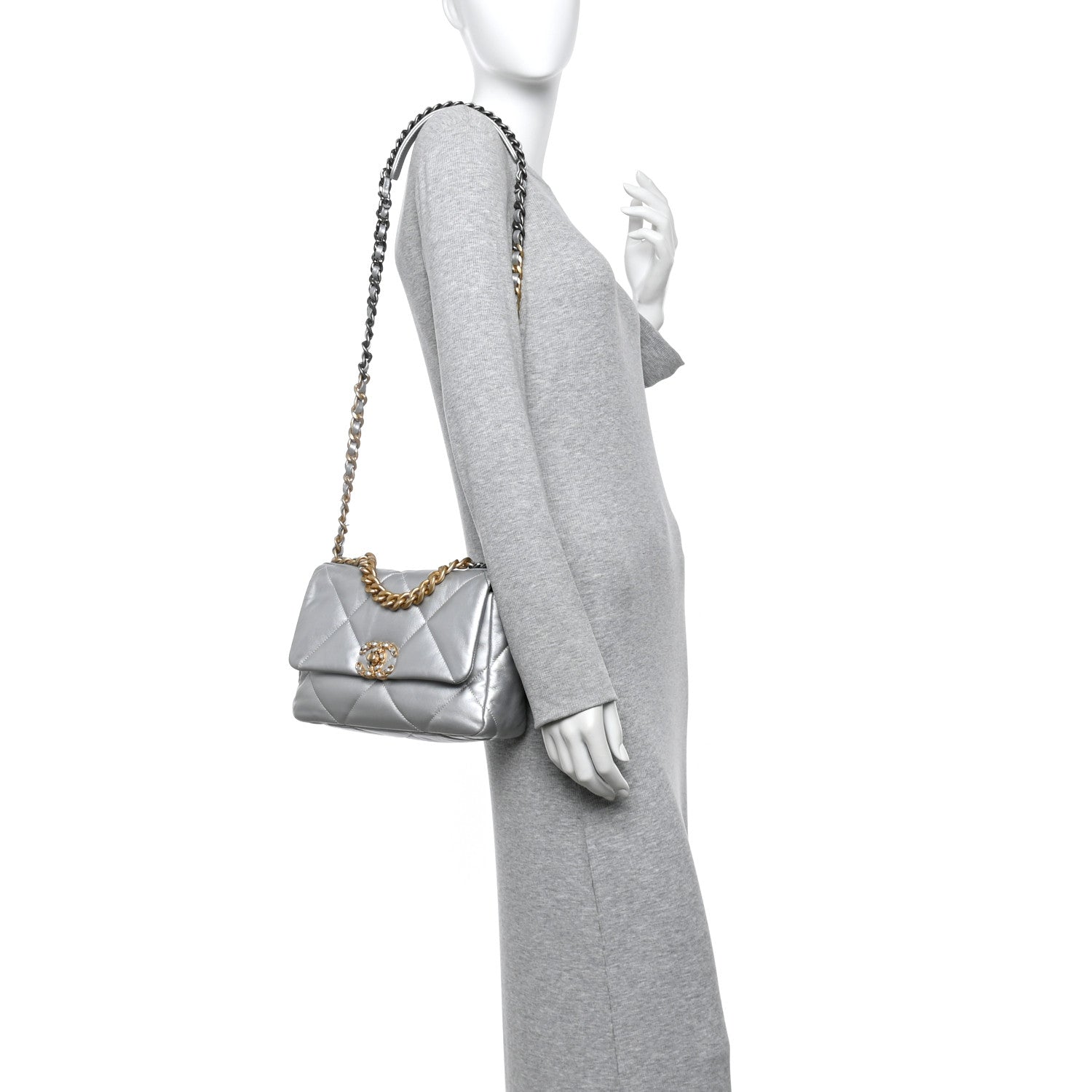 Chanel Metallic Goatskin Quilted Medium Chanel 19 Flap Silver 2 of 11