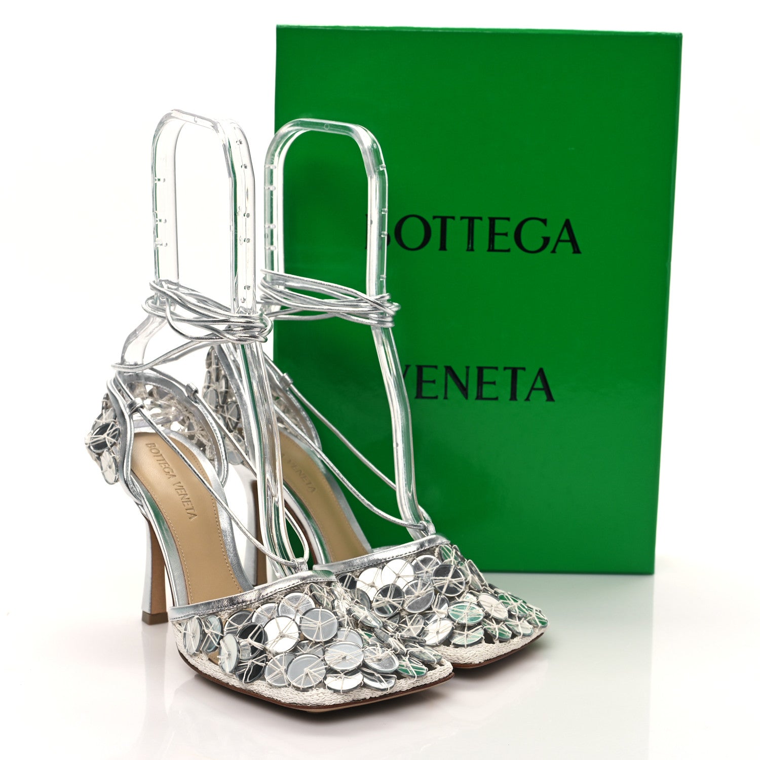Bottega Veneta Mesh Metallic Nappa Mirror Stretch Ankle Tie Sandals 37 Silver 8 of 8