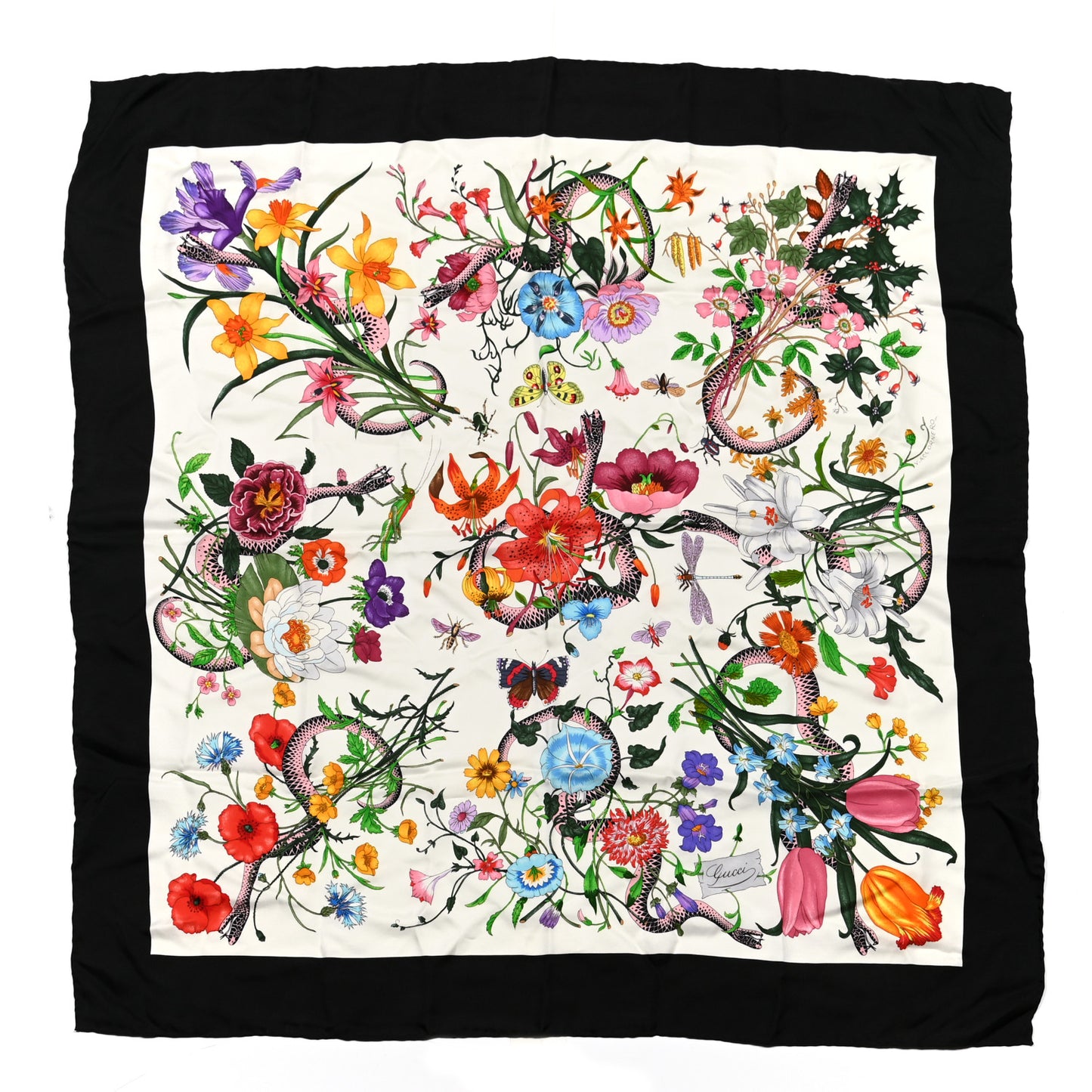 Silk Twill Flora Snake Square Scarf Ivory Black