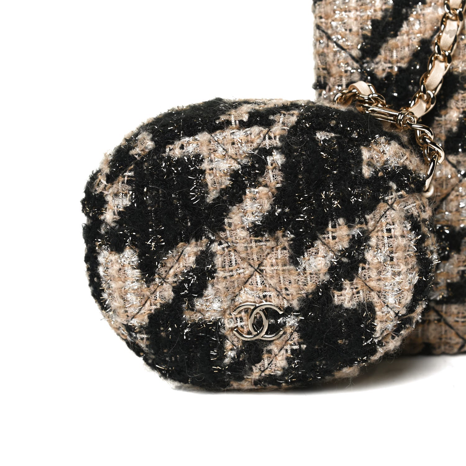Chanel Tweed Shearling Quilted Chanel Wallet On Chain WOC and Coin Purse Beige Black 11 of 12