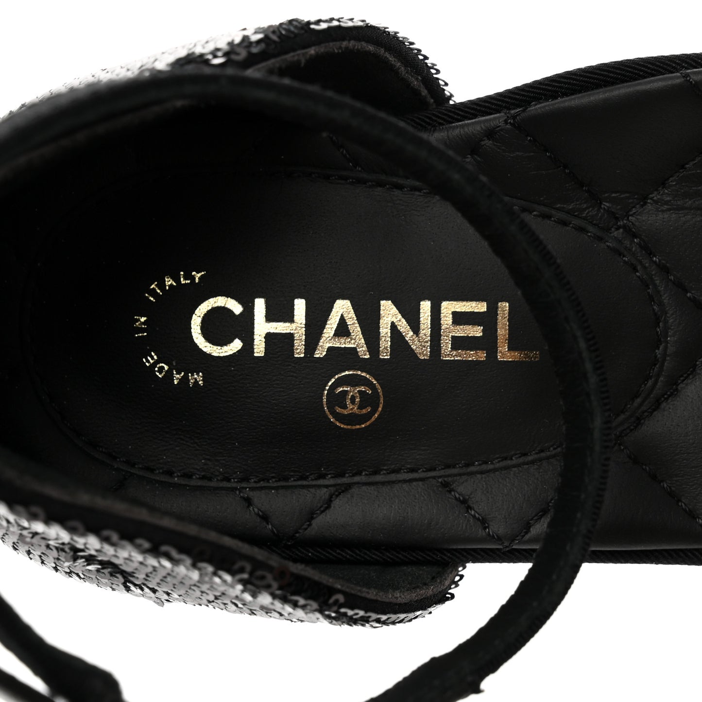 Sequin Grosgrain CC Cap Toe Ankle Flat 35.5 Black