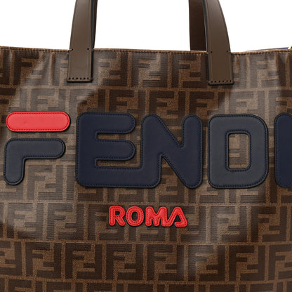 Fendi X FILA Glazed Fabric FF 1974 Mania Shopping Tote Bag Mogano Panna Blueberry 7 of 9